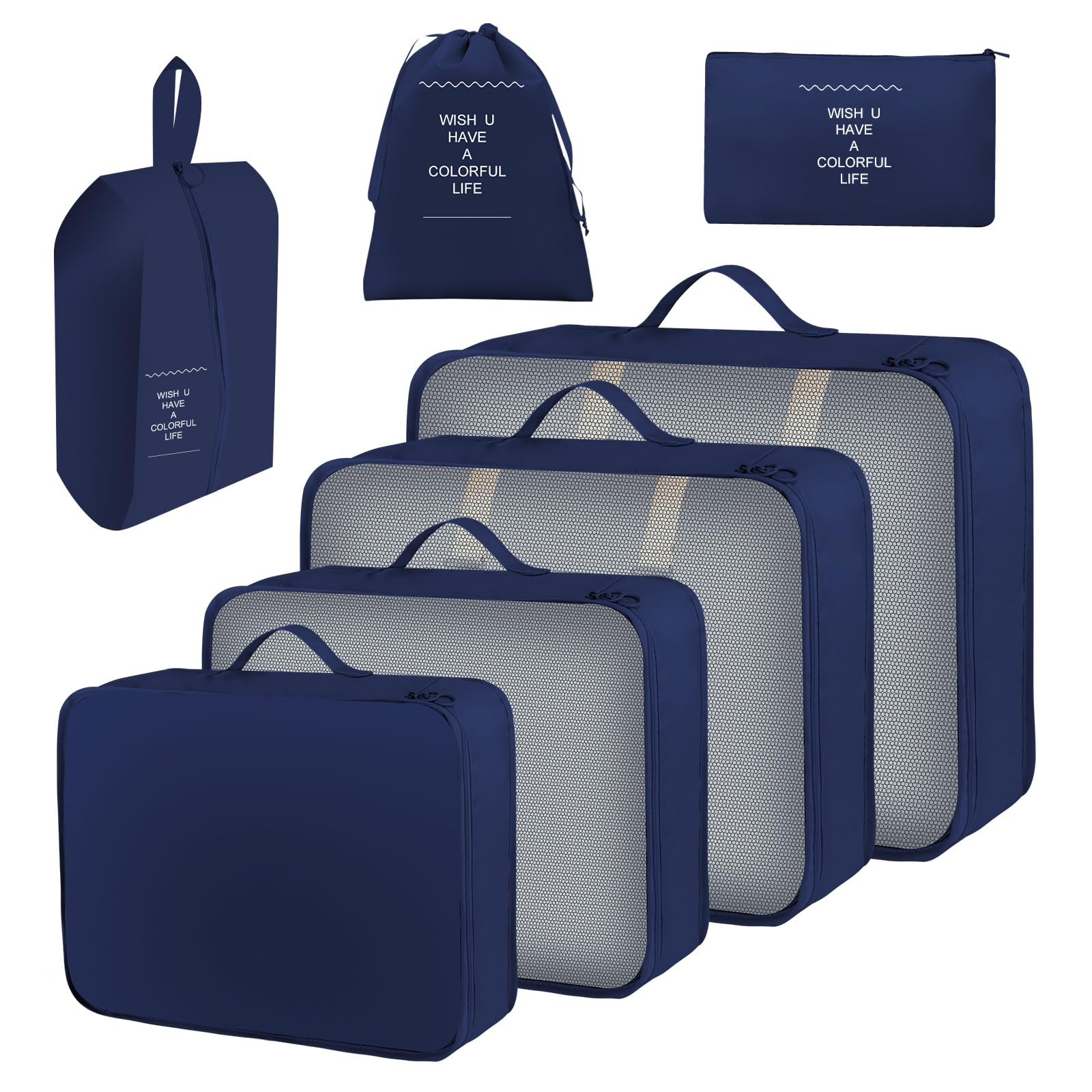 Set di 7 organizer per valigie, borse, organizer per valigie, per vacanze e viaggi, cubi da viaggio (blu scuro)