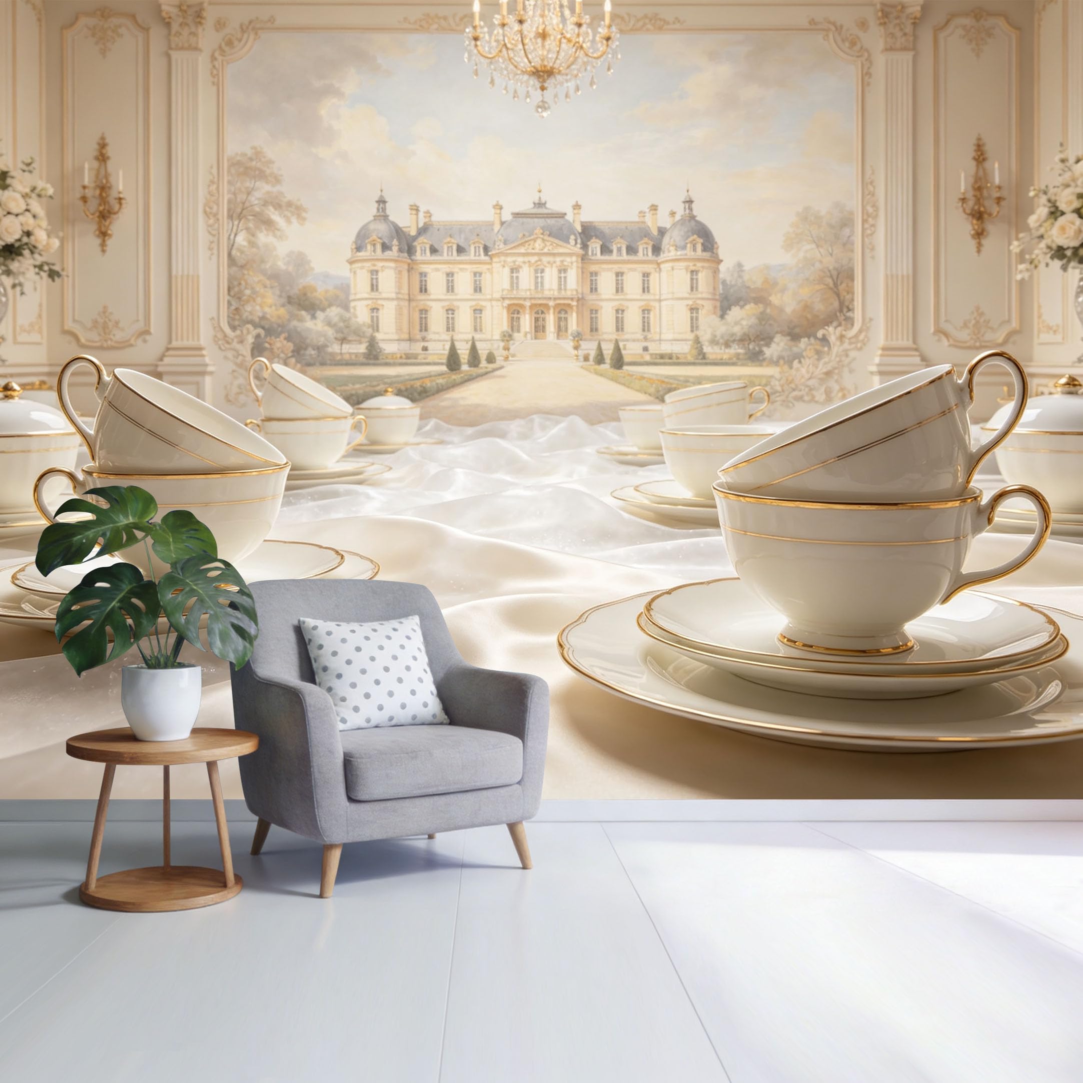 Custom Size Wall Mural Elegant French Chateau Dining Room Vintage Tea Set Neoclassical Interior SelfAdhesive Wall Fabric Removable Wallpaper for Home Office Decor