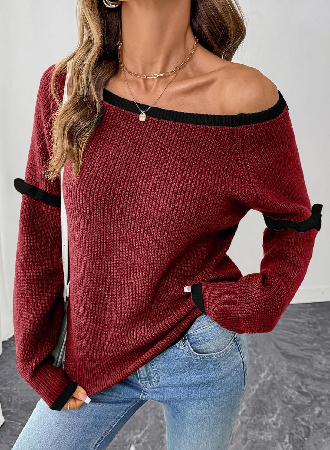 EVALESS Womens Sweaters Crewneck Ruffle Long Sleeve Off The Shoulder Sweater Color Block 2025 Trendy Fall Winter Knit Tops - Image 4