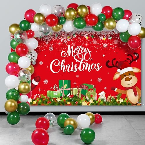 Miniatura 7 de Juego de decoraciones de fiesta de Navidad, incluye telón de fondo de Papá Noel, copos de nieve, ciervos, cubiertas de mesa, globos multicolor y