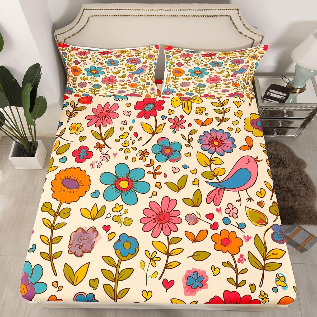 Kids Groovy Bedding Retro Groovy Fitted Sheet 70s Vintage Psychedelic Floral Bedding Bohemian Exotic Abstract Aesthetic Style Bed Sheet Boho Hippie Groovy Flower Bedding Full for Adult Women Girls