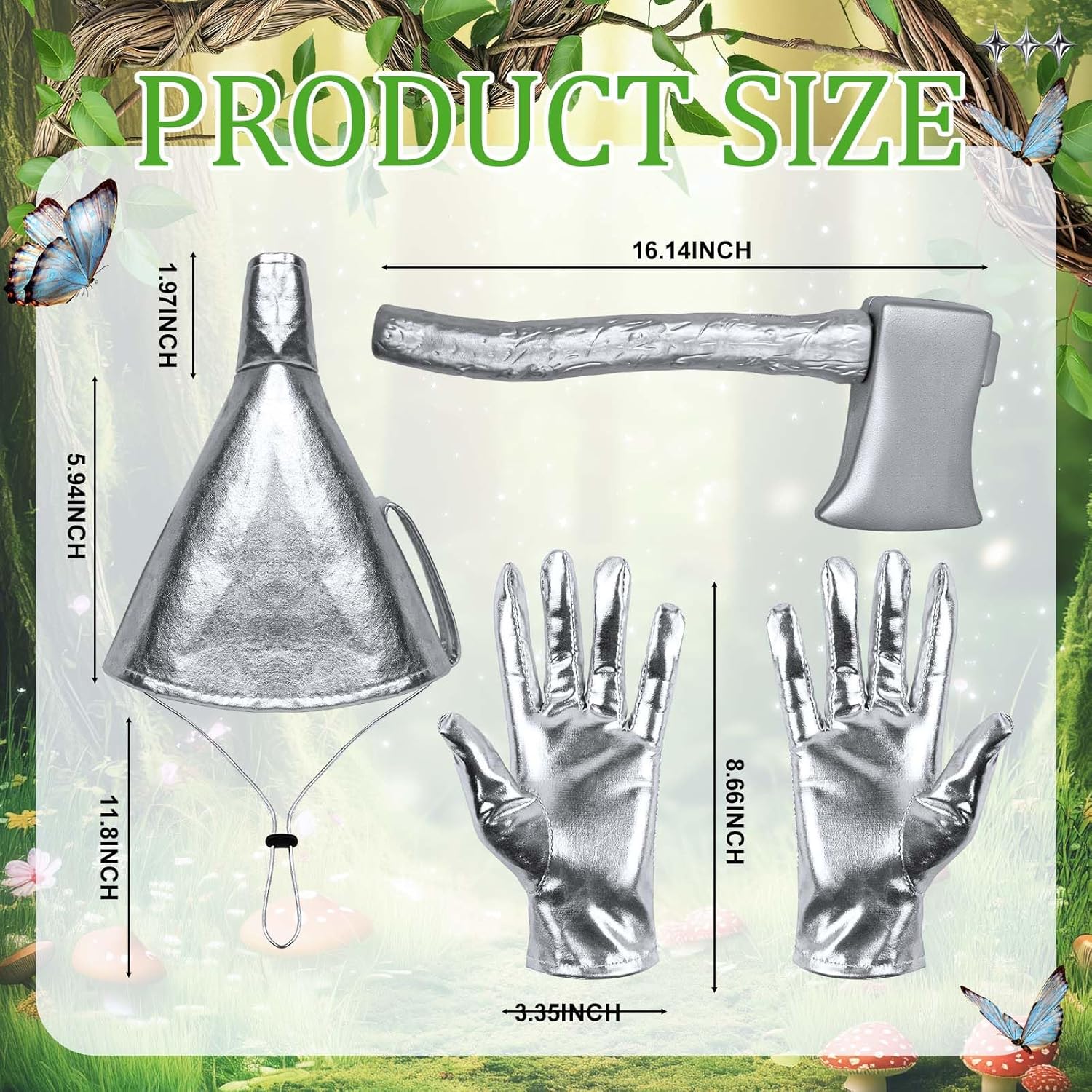 3Pcs Silver Axe Funnel Hat Gloves Set for Adult Cute Funnel Helmet with Elastic Strap Thick Plastic Axe Small Halloween Costume Accessories for Man Women Cosplay Party - Image 2