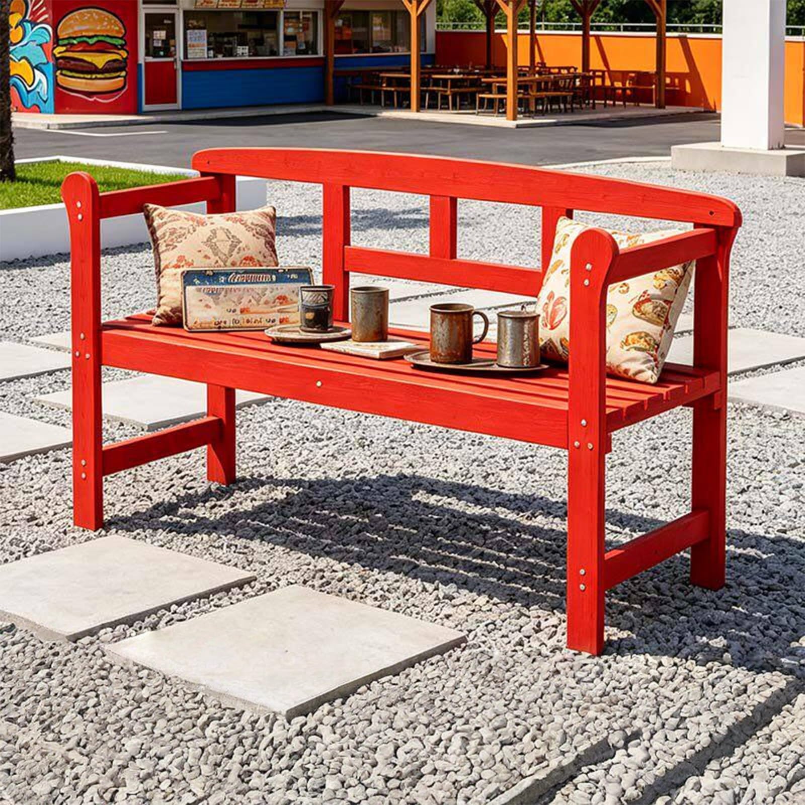 Banco de jardín de madera ideal para ver el atardecer en el porche