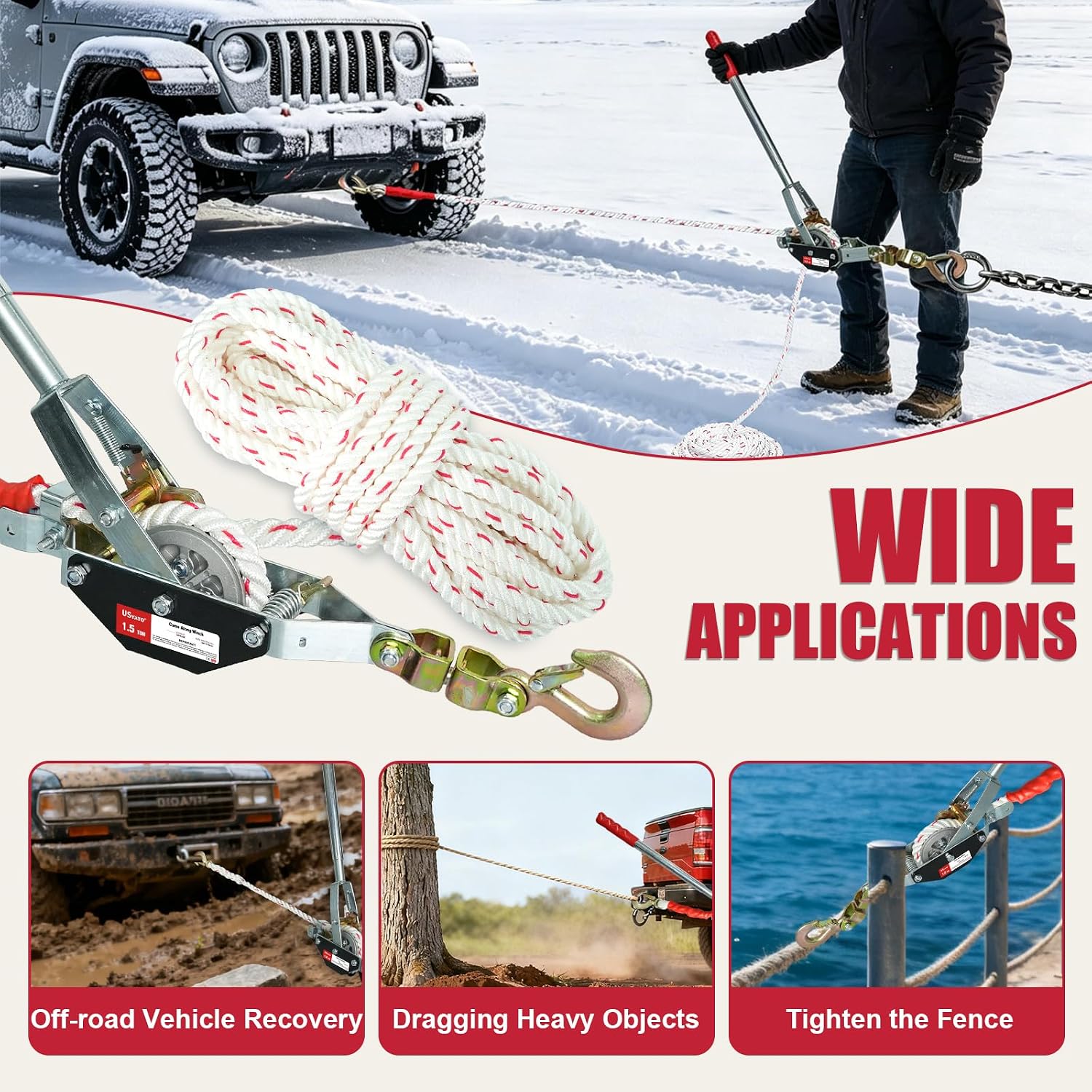 Rope Puller 3300lbs Pulling Capacity, Come Along Winch with 50' of 0.6" Rope and 2 Hooks, Heavy Duty Ratchet Power Puller for Boat Moving Log Pulling Tree Felling