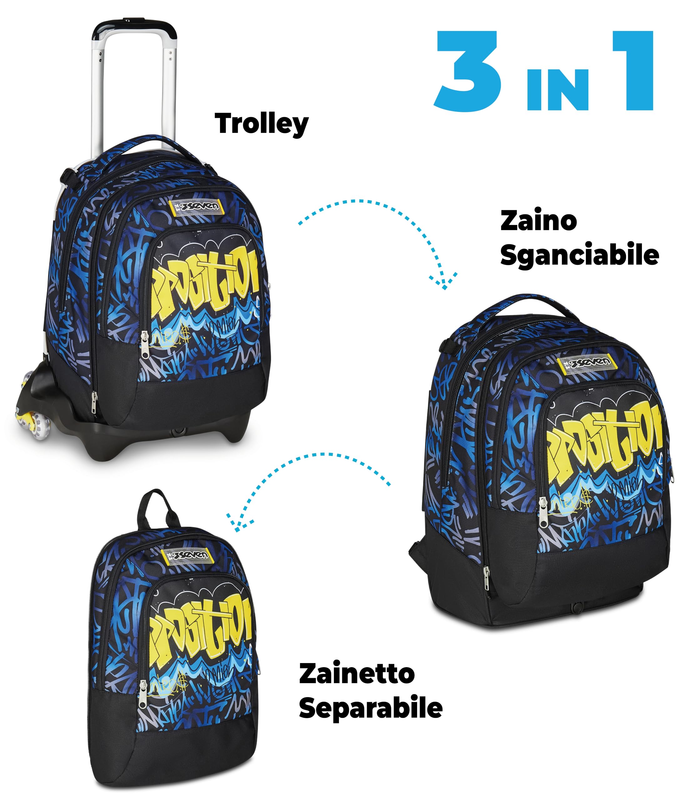 Seven Trolley Scuola Jack 3 Ruote Detach, Blu Giallo, Zaino Con Carrello Sganciabile Da 37 L, Tasca Borraccia, Zainetto Staccabile, Zaino scuola Elementare e Media, Zaino Bambino