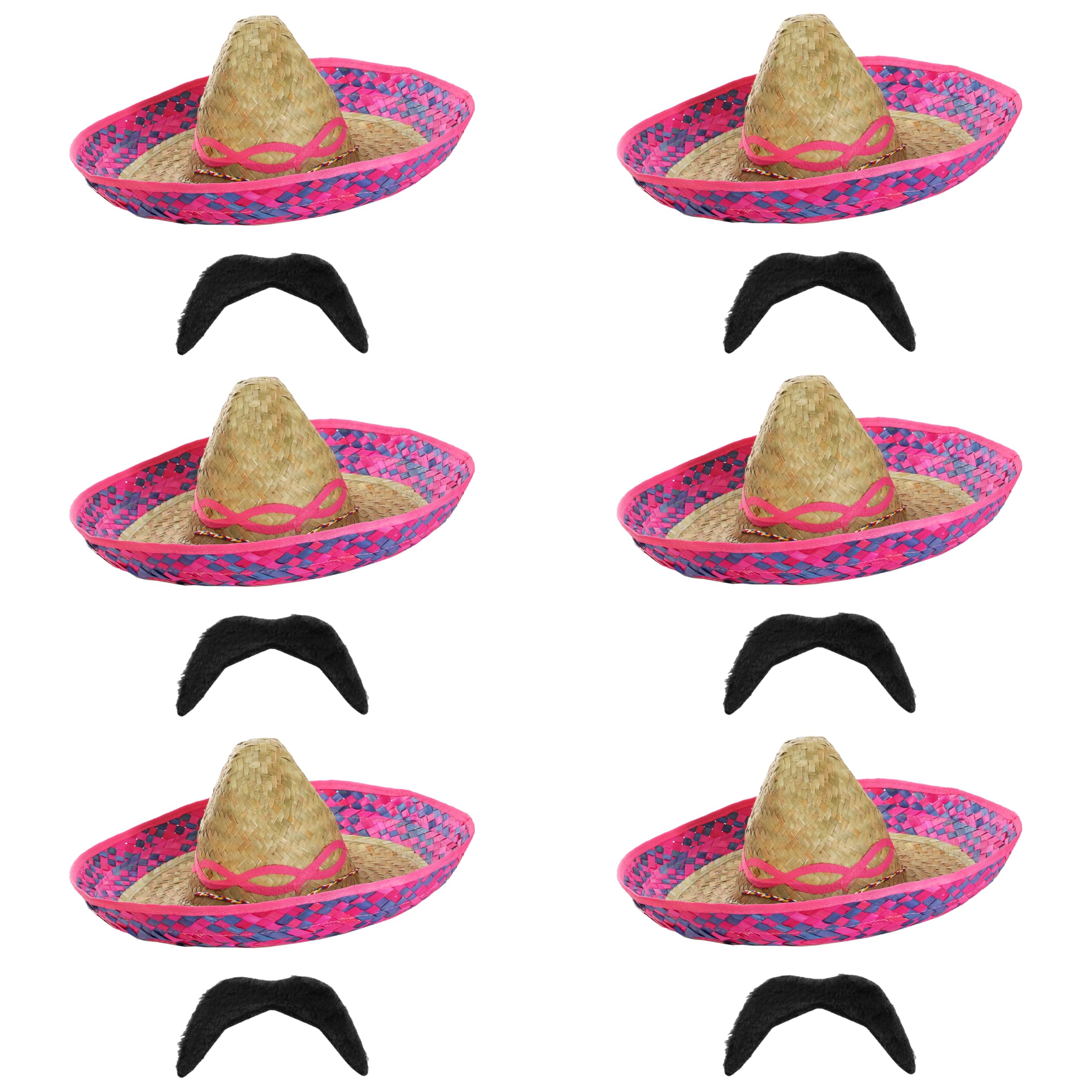 Adults Deluxe Mexican Sombrero Set - Pack of 6 - Pink Embroidered Straw Sombrero and Black Moustache - Mexico Fiesta Cinco de Mayo Mariachi Fancy Dress Costume Accessory Set