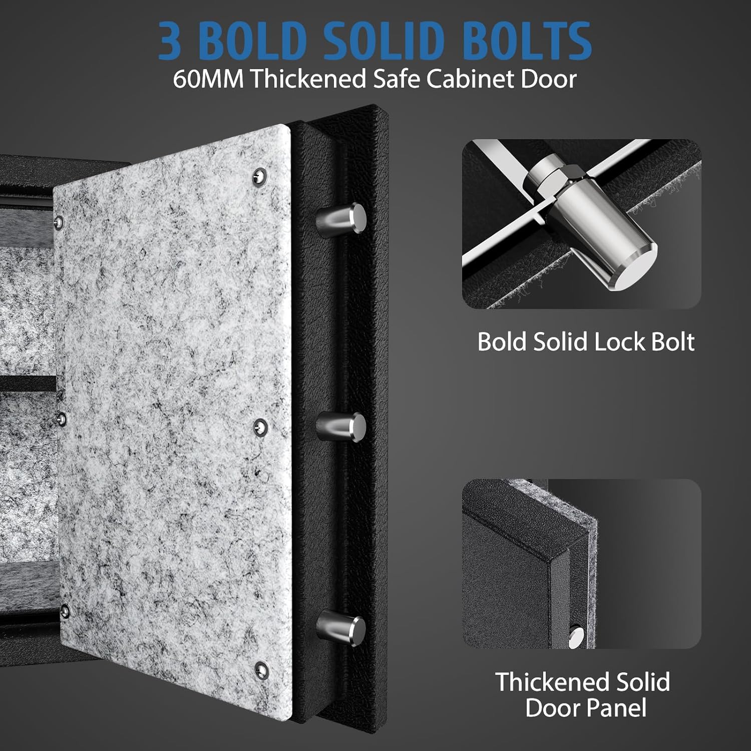 Close-up of the safe door showing three bold solid bolts and thickened door panel