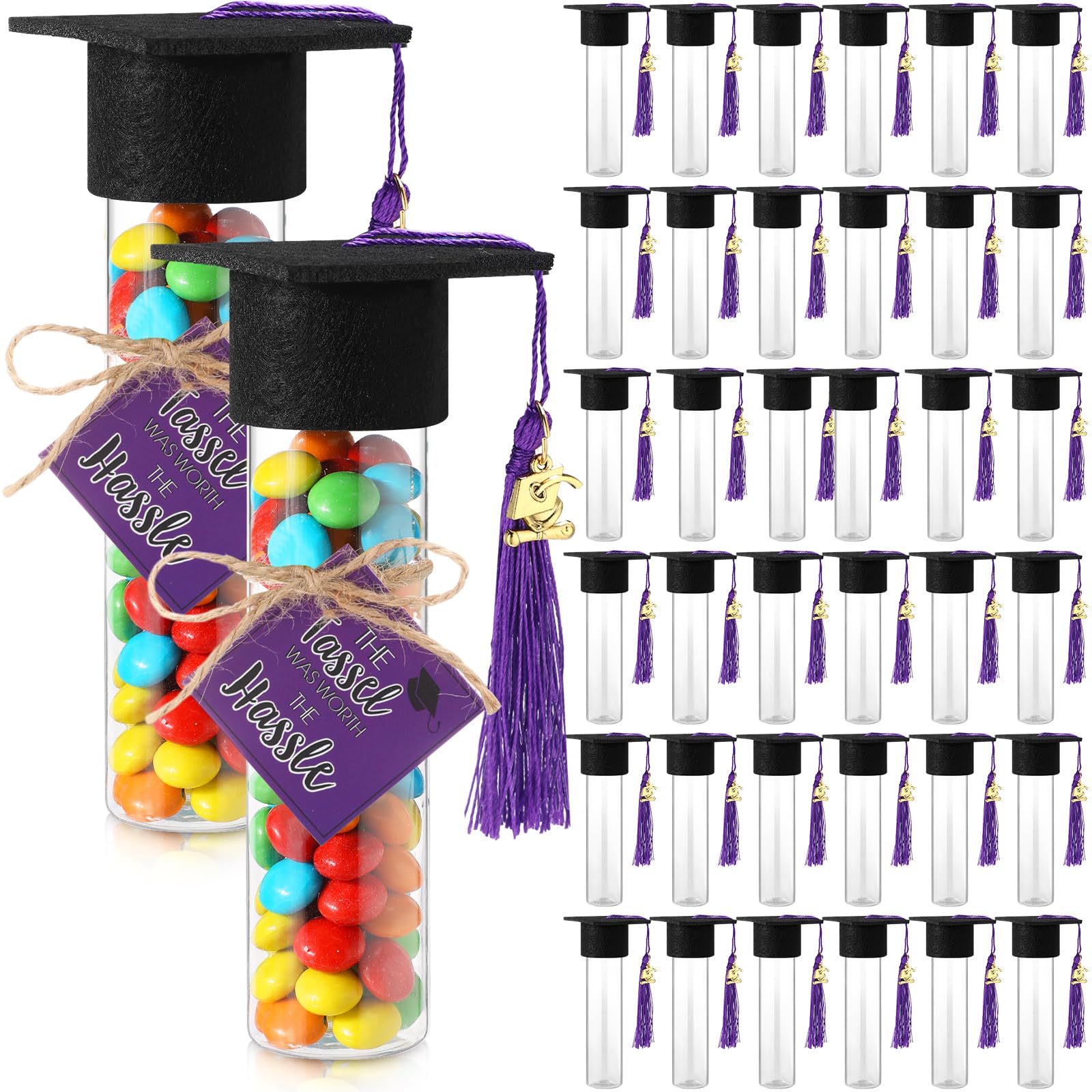 Willinglong 30 Set 2025 Graduation Candy Jars Set 100 ml Fillable Clear Plastic Candy Container with Cap with Tassel and Cards for DIY 2025 Graduation Party Favor(Purple)