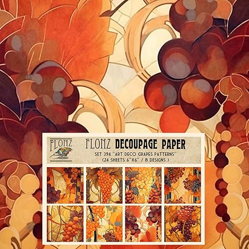 Paquete de papel Decoupage (24 hojas de 6 x 6 pulgadas), papel tapiz de uvas Art Deco, papel de patrón de estilo vintage para decoupage,