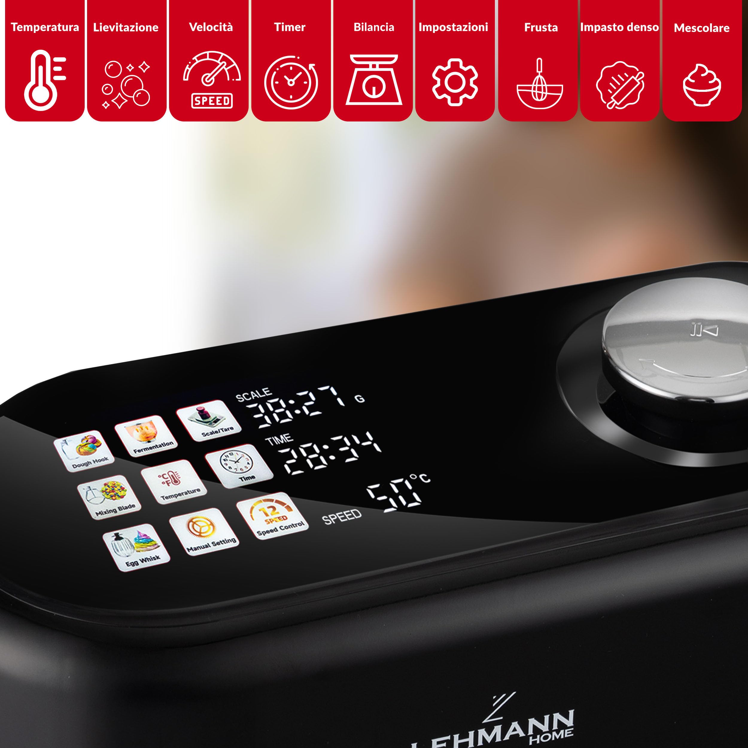 LEHMANN Impastatrice Planetaria Multifunzione con Display, Funzione di Fermentazione e Riscaldamento, Bilancia Integrata, 12 Velocità, Timer, con Ciotola 5 L, Frusta, Gancio Impastare, Mescolatore