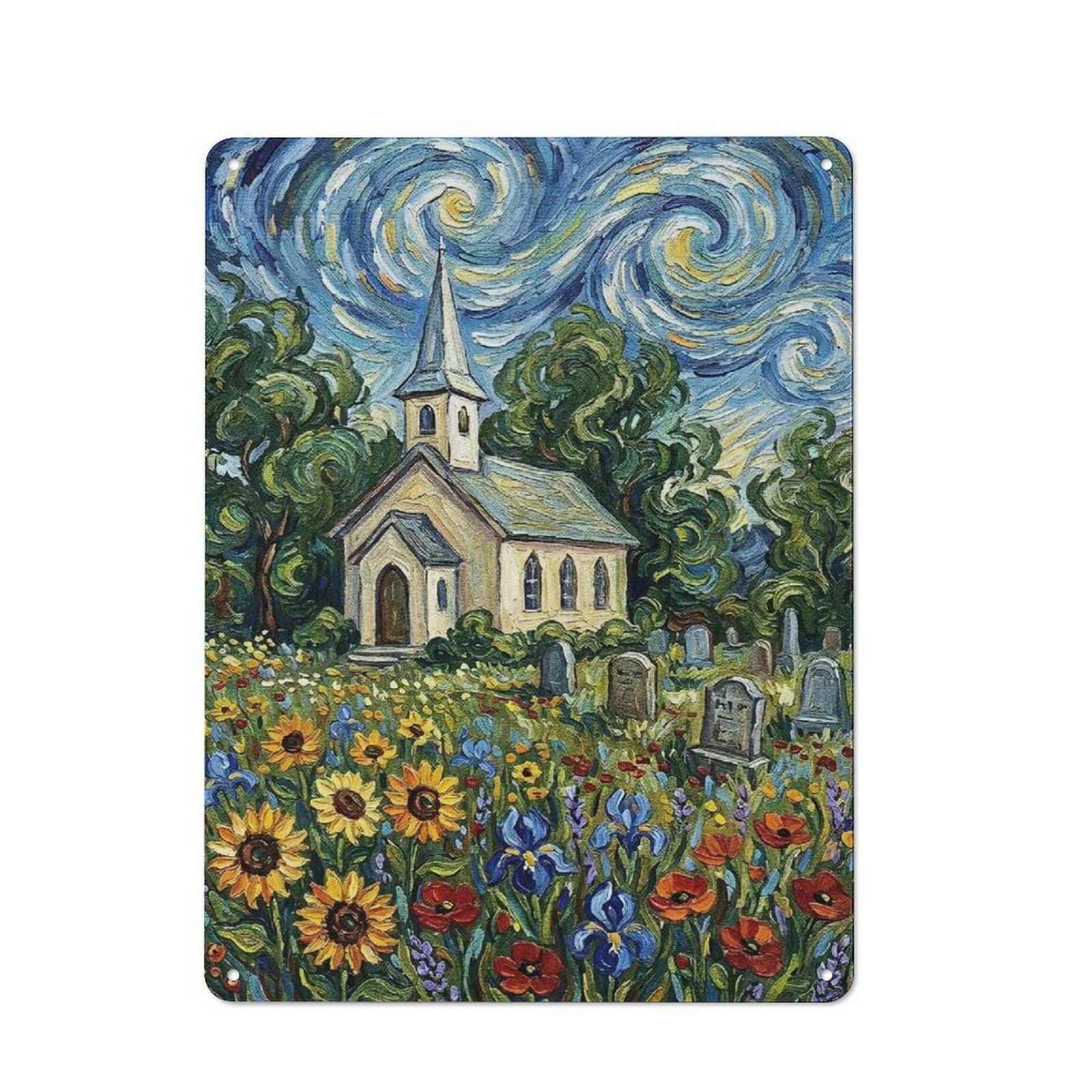 Junmoney Style-7 Vintage Tin Sign 40X30cm With Church And Cemetery In Floral Field For Hallway Wall, For Home Interiors, Feature Walls And Decorative Displays