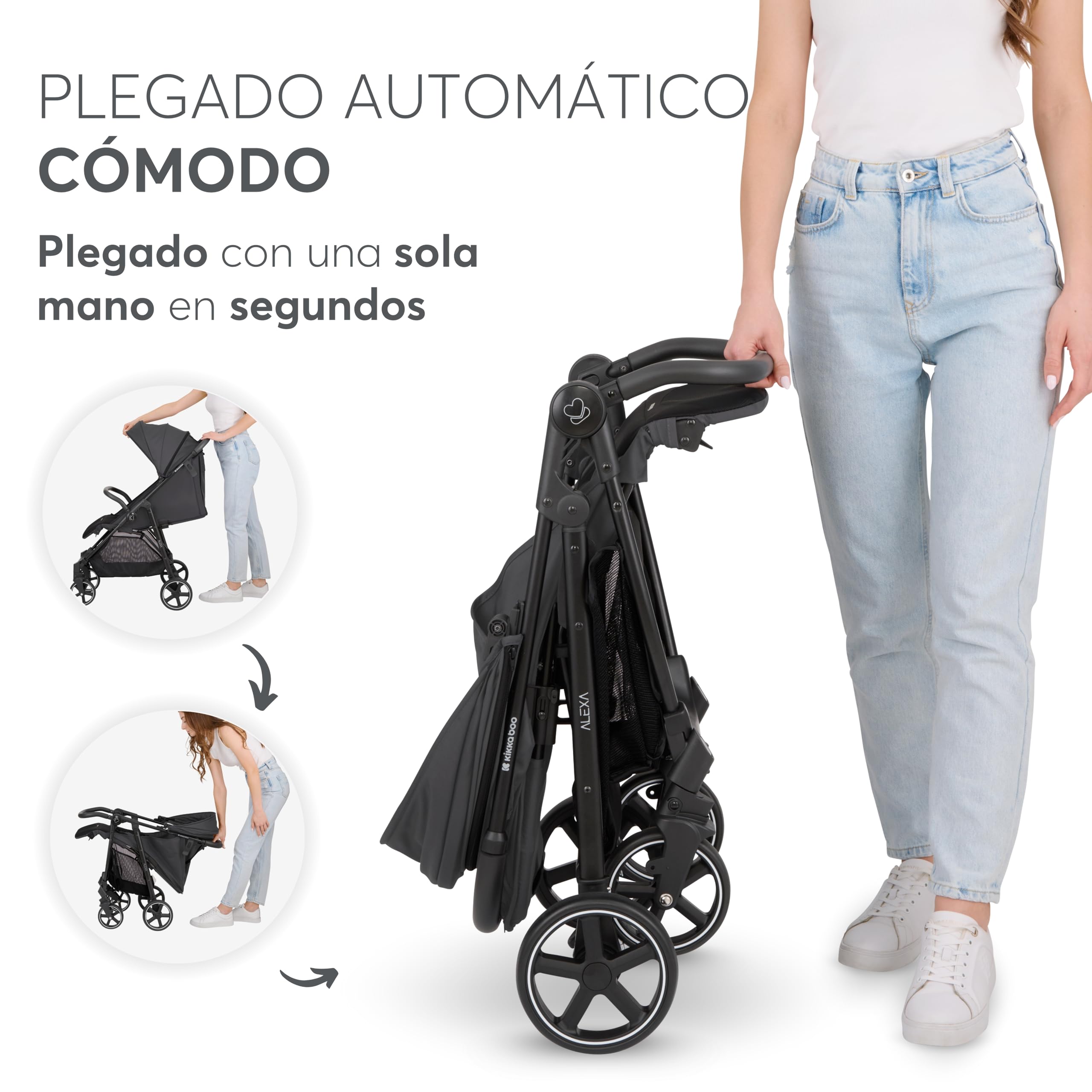 KikkaBoo ALEXA Silla de Paseo Ligera desde Nacimiento hasta 22 kg, Plegado con una Mano, Respaldo Reclinable con Posición Tumbada, Suspensión en Todas las Ruedas, Reposapiés Ajustable, Gris Oscuro