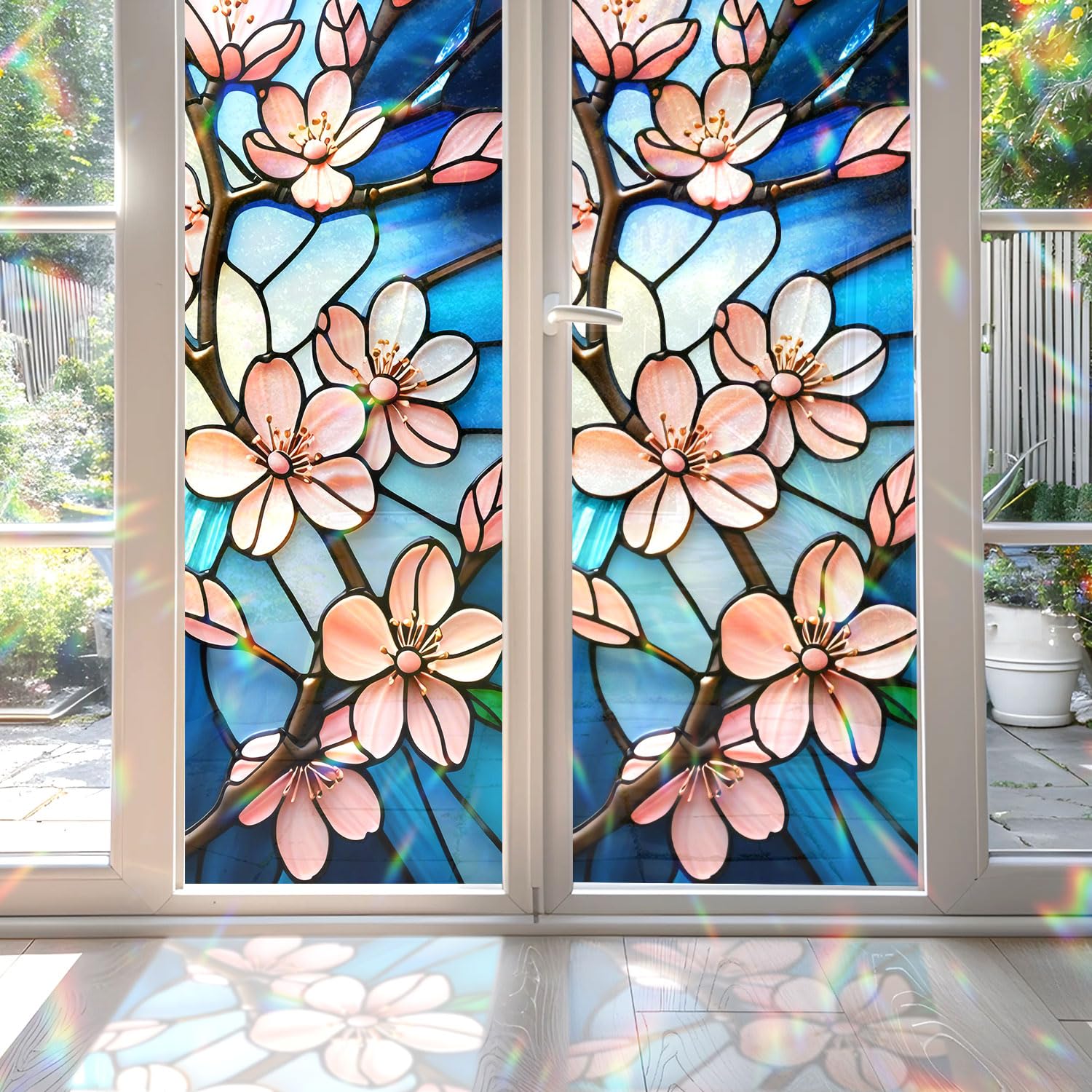 Cherry Blossom Dancing in The Wind Stained Glass Window Film, Flower Stained Glass Window Film for Bathroom Door Heat Anti UV