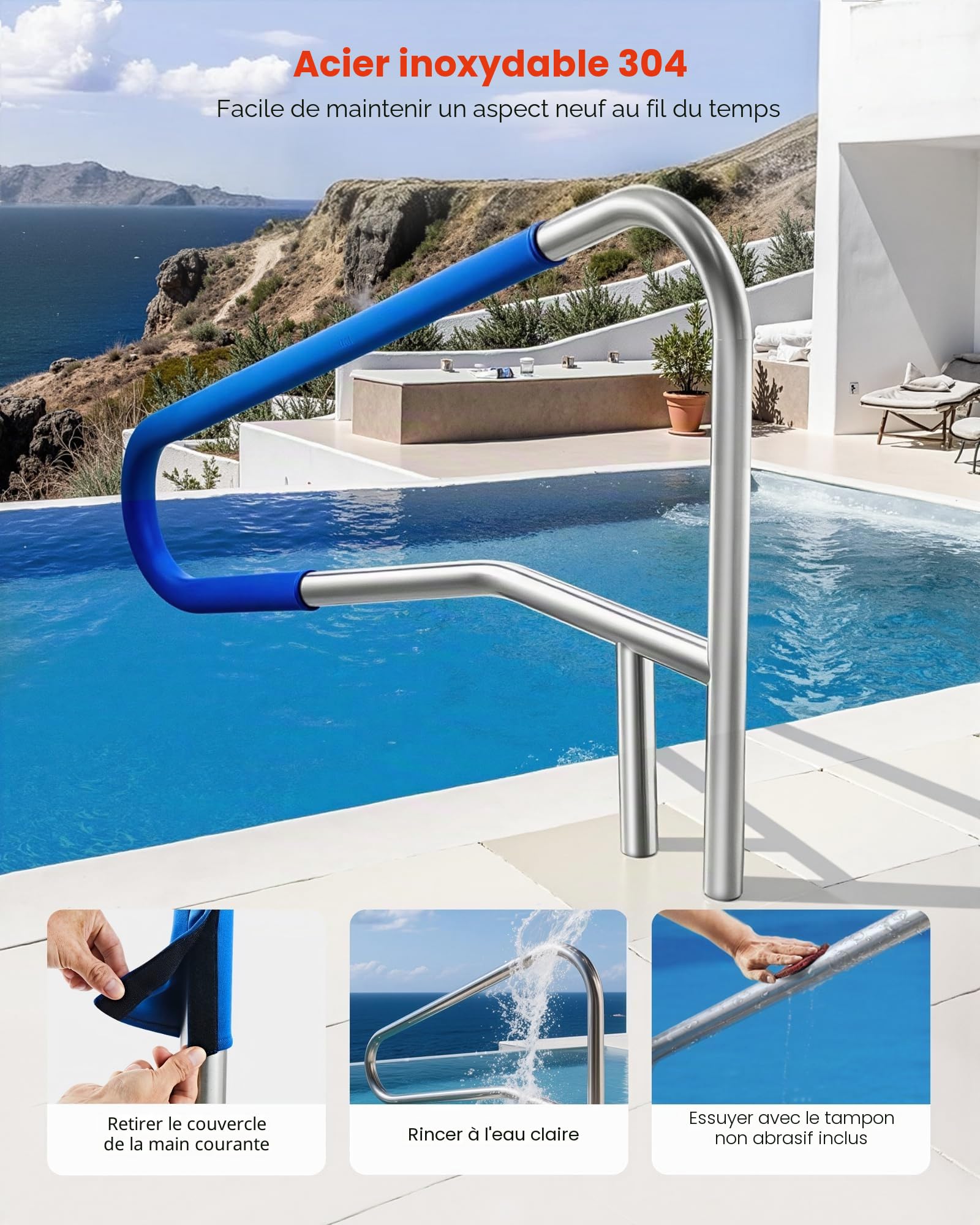 VEVOR Rampe Piscine 137x81 cm Main Courante Piscine Acier Inox 304 Charge 100 kg Barre de Sécurité pour Bords de Piscines, Parcs Aquatiques, Centres Spa, avec Housse Antidérapante, Montage Encastré