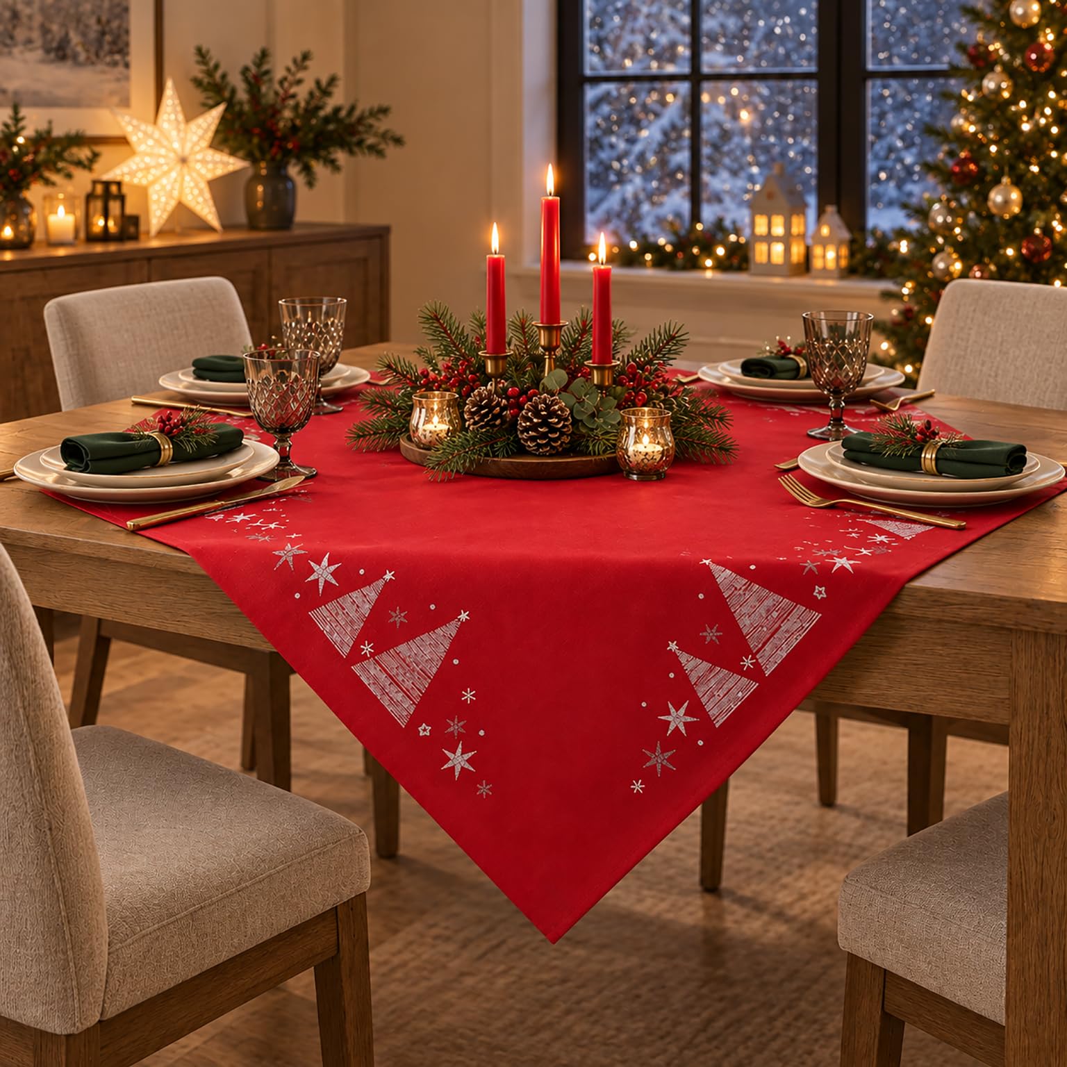 KAMACA Tischdecke Mitteldecke 85x85 cm mit filigraner Stickerei Küche Esstisch Tisch Dekoration Eyecatcher in Herbst Winter Weihnachten (Tannenbäume rot) Küche, Haushalt & Wohnen