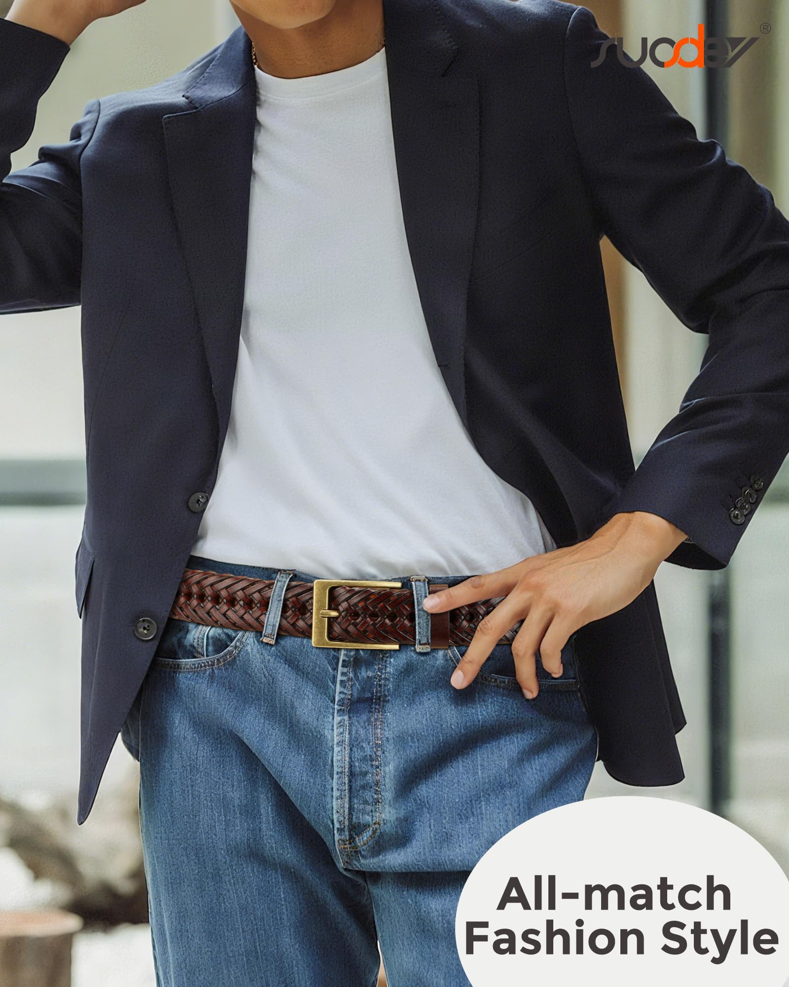 Cinturón trenzado de cuero genuino para hombres, 1.2 ancho hombres cinturón de cuero tejido casual para pantalones vaqueros, A: Bronceado esmaltado 5
