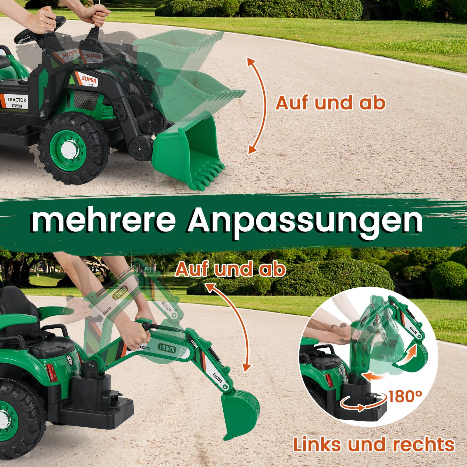 COSTWAY Elektro Traktor mit Anhänger & Schaufel, 12V Aufsitztraktor mit Fernbedienung, Sitzbagger mit LED Lichtern & Musik, Kinderbagger Elektrisch, Elektrotraktor für Kinder ab 3 Jahren (Grün)