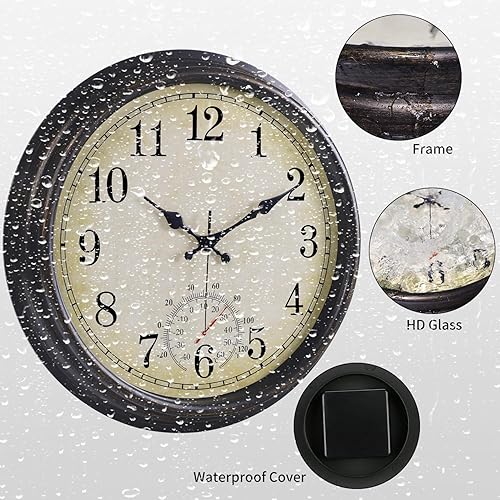 Miniatura 5 de Reloj de pared grande de 16 pulgadas para exteriores, resistente al agua, con termómetro, funciona con pilas, silencioso y sin tictac, reloj de
