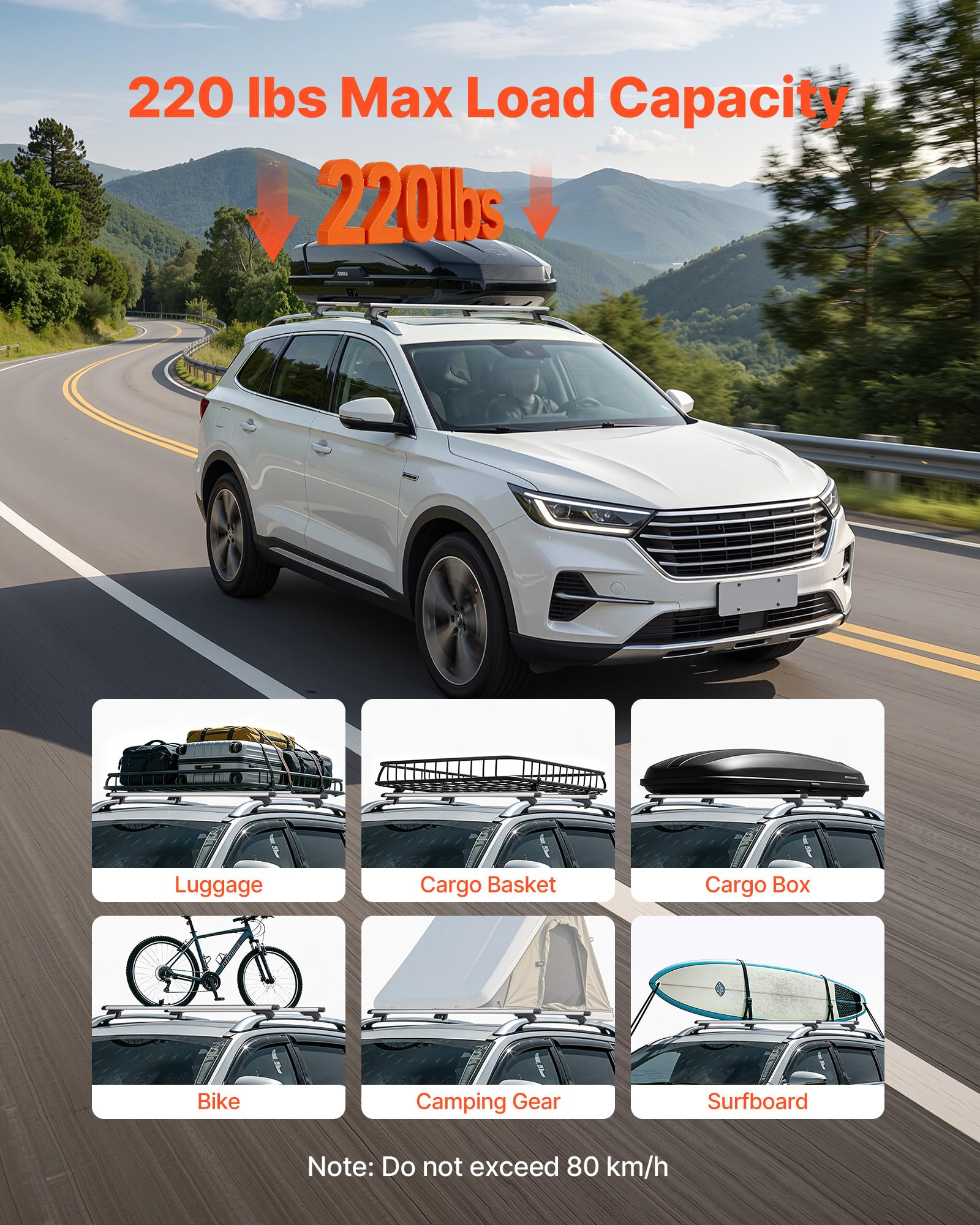 VEVOR Bagażnik dachowy do samochodu SUV, bagażnik dachowy, maksymalne obciążenie 100 kg długości 1280 mm, 2 sztuki do uniwersalnych aluminiowych bagażników, rowerów, podróży, kempingu, wędkowania