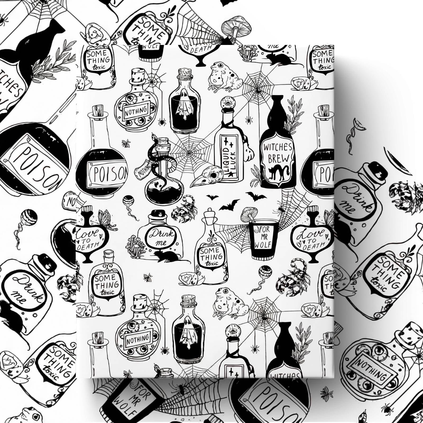 GleeWrap Gothic Wrapping Paper, Witch Potion Gift Wrap with Apothecary Bottle and Spider Web Designs, 4 Sheets, 50 x 70 cm