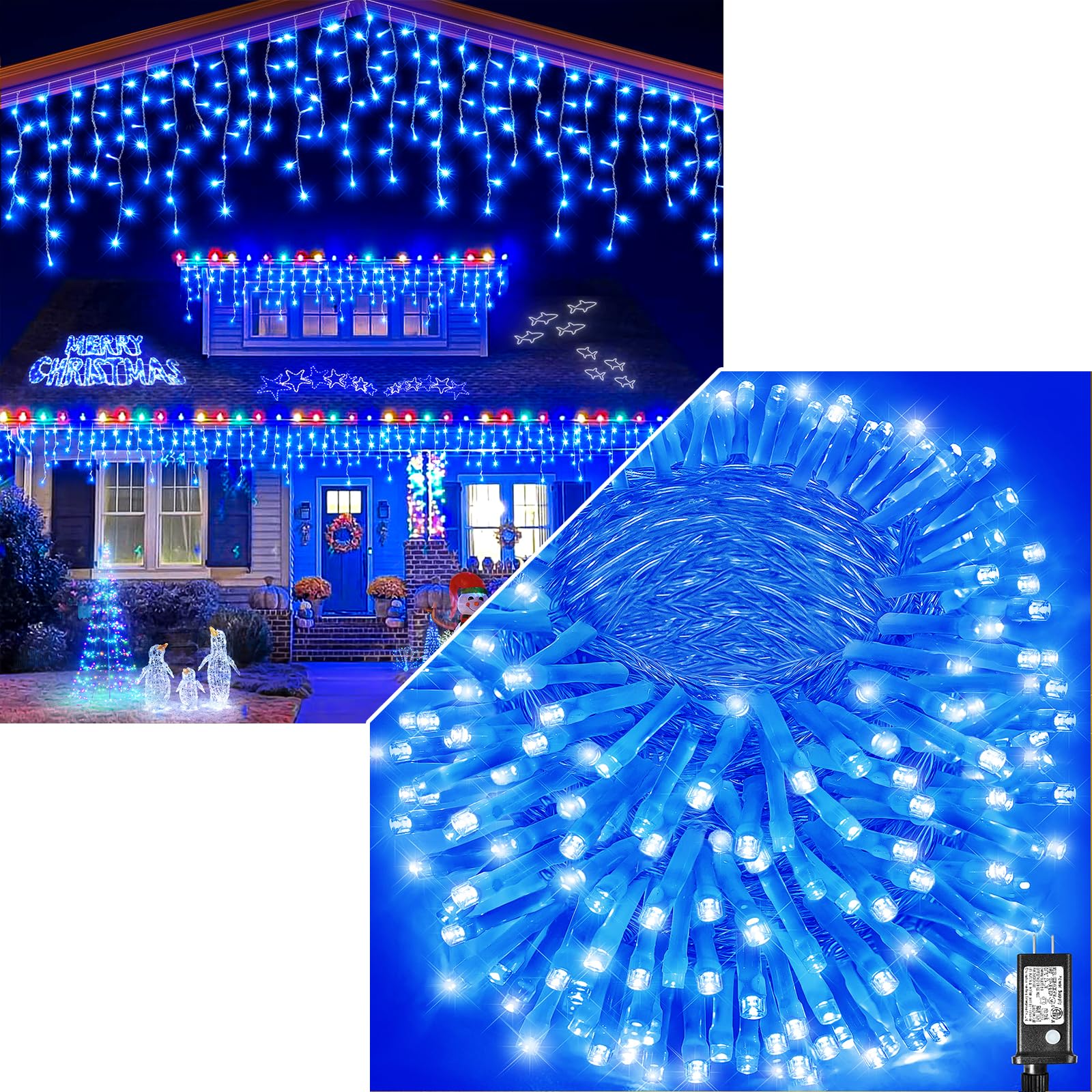 Vivideal165 FT 500 LED String Lights & 66 FT 640 LED Icicle Lights Outdoor, Blue