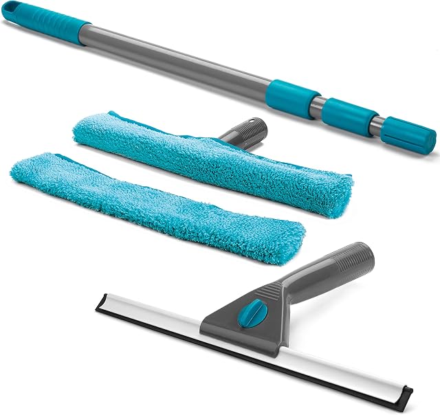 Beldray LA028693TQ 5 Piece Large Window Cleaning Set with Telescopic Handle, Squeegee Wipers and Microfibre Pads, Turquoise