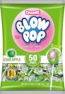 Charms Blow Pop Single Flavor Bag - Sour Apple Flavored Lollipops with a Bubble Gum Center - Individually Wrapped Hard Candy - Green Candy - Peanut Free, Gluten Free, 50 Count (Pack of 1)
