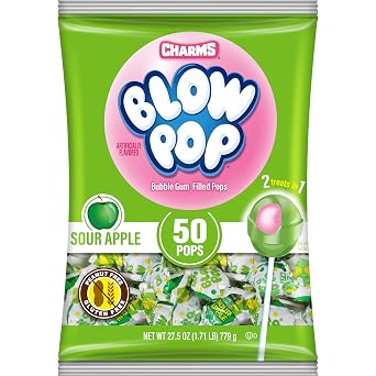 Charms Blow Pop Single Flavor Bag - Sour Apple Flavored Lollipops with a Bubble Gum Center - Individually Wrapped Hard Candy - Green Candy - Peanut Free, Gluten Free, 50 Count Pack of 1