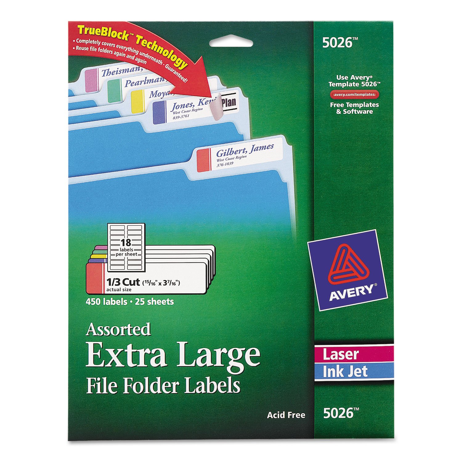 Avery 5026 Extra Large Filing Labels, 15/16-Inch X3-7/16-Inch, 450/Pk, Assorted