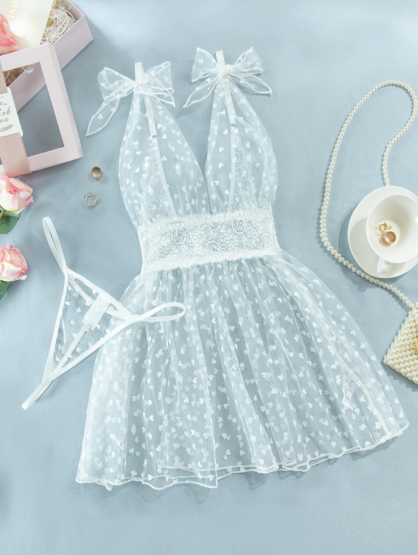 Lilosy Sexy Polka Dots Mesh Sheer Lace Babydoll Chemise Lingerie Set Floral Sleep Wear: Small Heart White