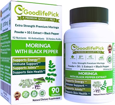 Premium Moringa Capsules with Black Pepper. Moringa Oleifera Powder & 501 Moringa Extract for Maximum Benefits 90ct All Natural NonGMO No Rice Powder No Stearate No Silicon Vegan