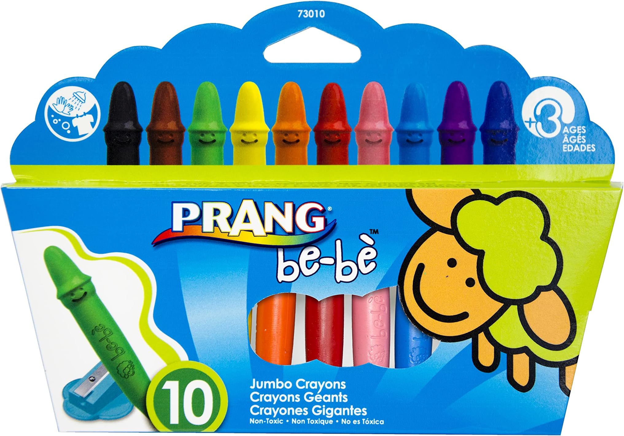 be-be Jumbo Crayons for Small Children, Washable, Includes Sharpener, Assorted Colors, 10-Pack (73010),Large