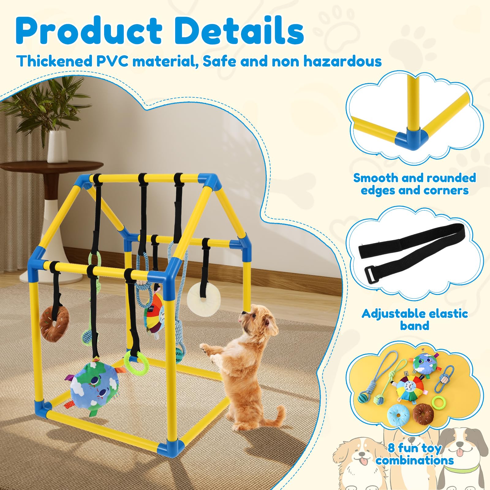 Gimnasio para cachorros con 8 juguetes colgantes, juguete de gimnasia en la selva para perros pequeños con marco de PVC y correa elástica para entretenimiento, dentición divertida y estimulación