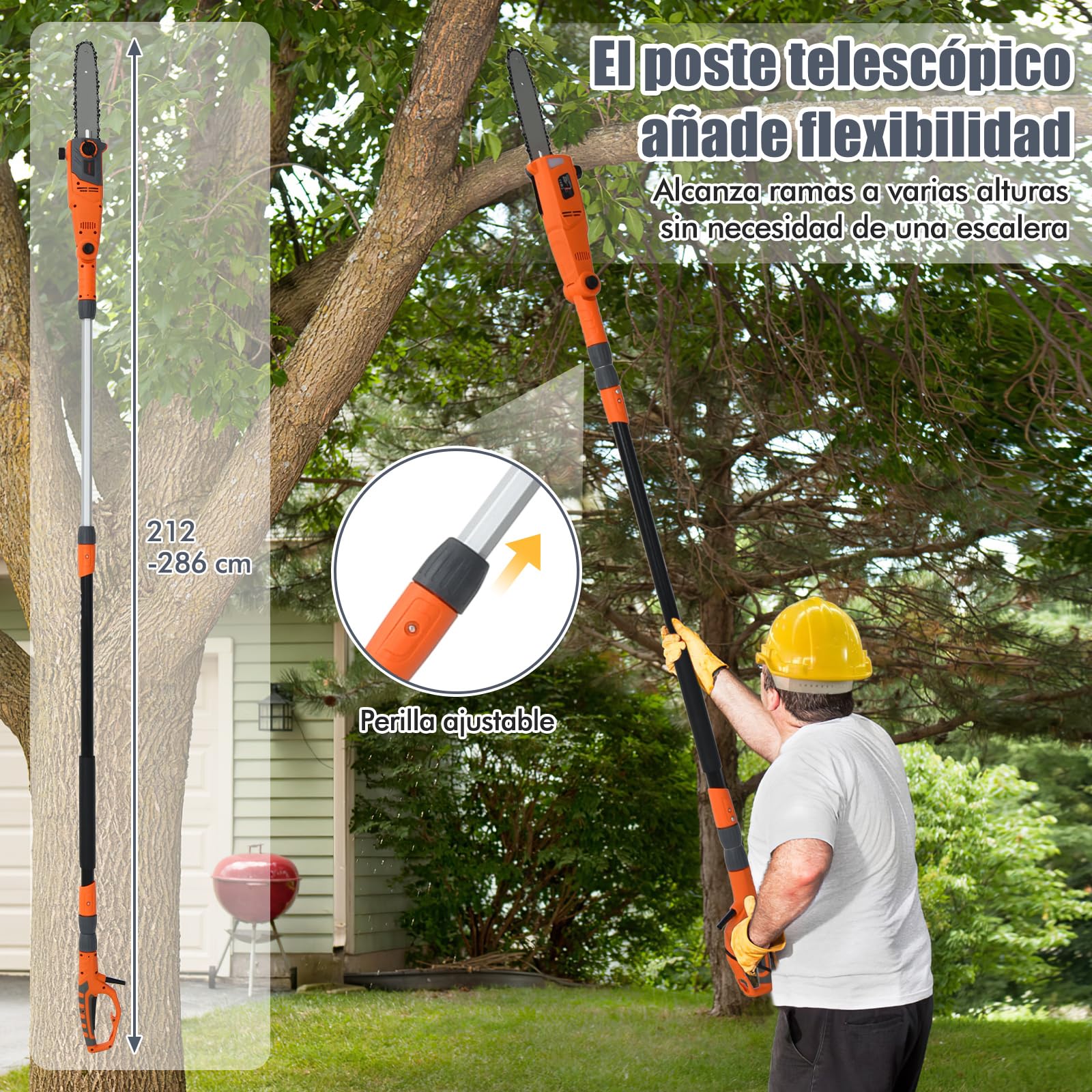 COSTWAY Sierra Eléctrica 750 W con Mástil de Aluminio Retráctil, Motosierra Multi Angulo, Montaje sin Herramientas, Velocidad la Cadena: 11 m/s, Motosierra Telescópica para Patio y Jardín