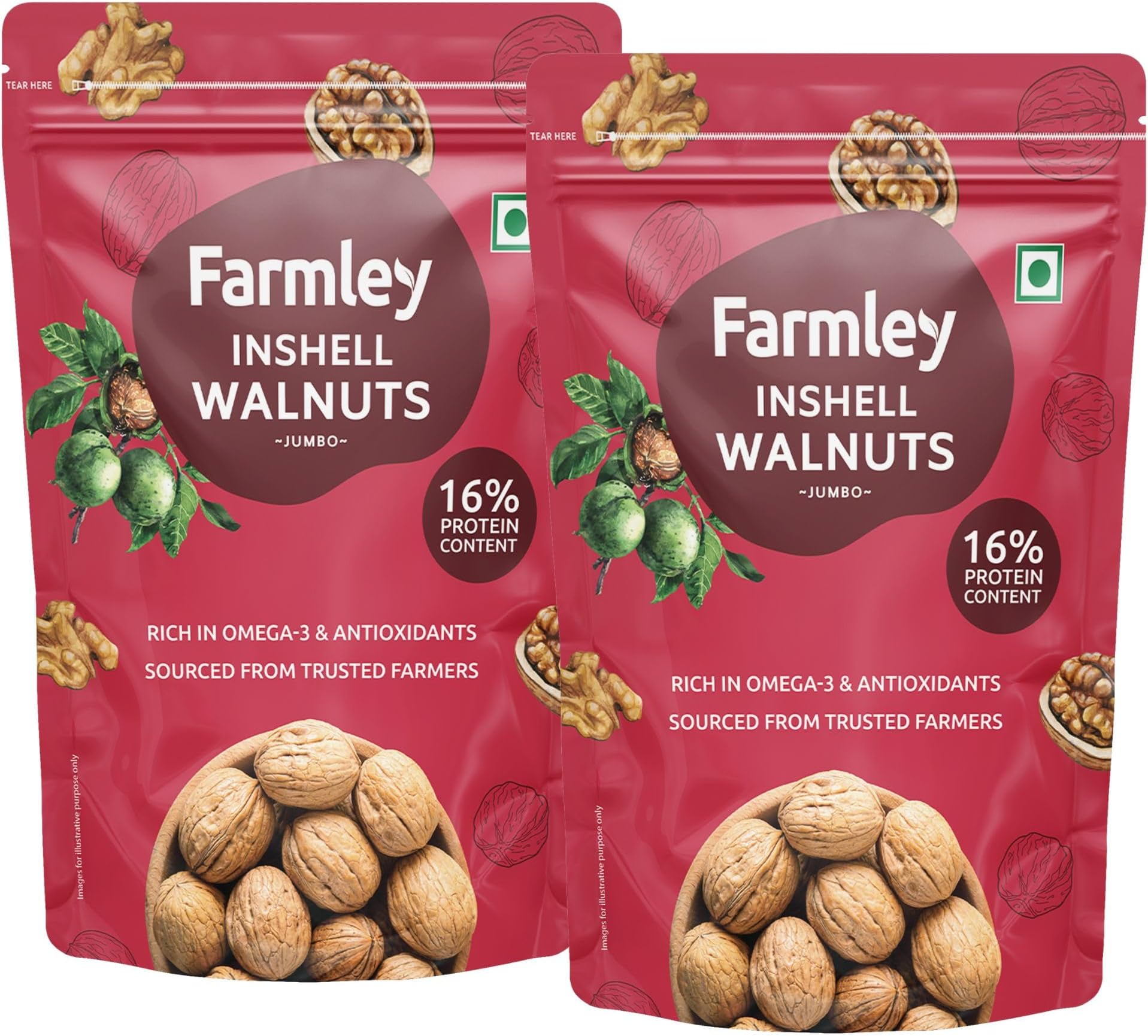 Farmley Inshell Walnut 1 Kg | Crunchy Nuts, Rich in Dietary Fibre, Protein & Magnesium | 100% Pure Premium Akhrot | High in Anti-oxidants| Brain food (Pack of 2)