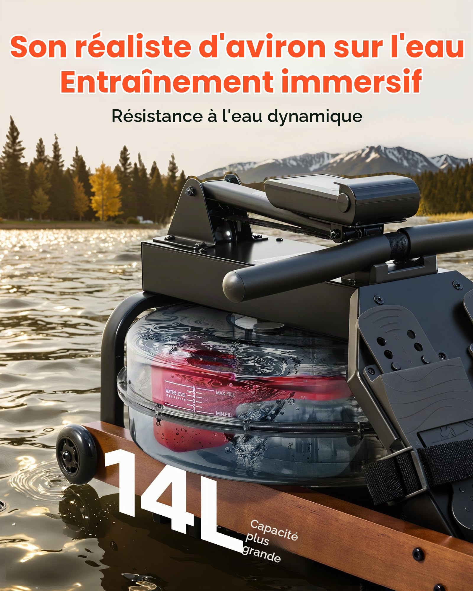 VEVOR Rameur à Eau avec Résistance Silencieuse à 6 Niveaux, Ergomètre Pliable en Bois avec Réservoir d'eau de 14 L et Écran LCD, Capacité de Charge 158 kg, Compatible avec Application Bluetooth