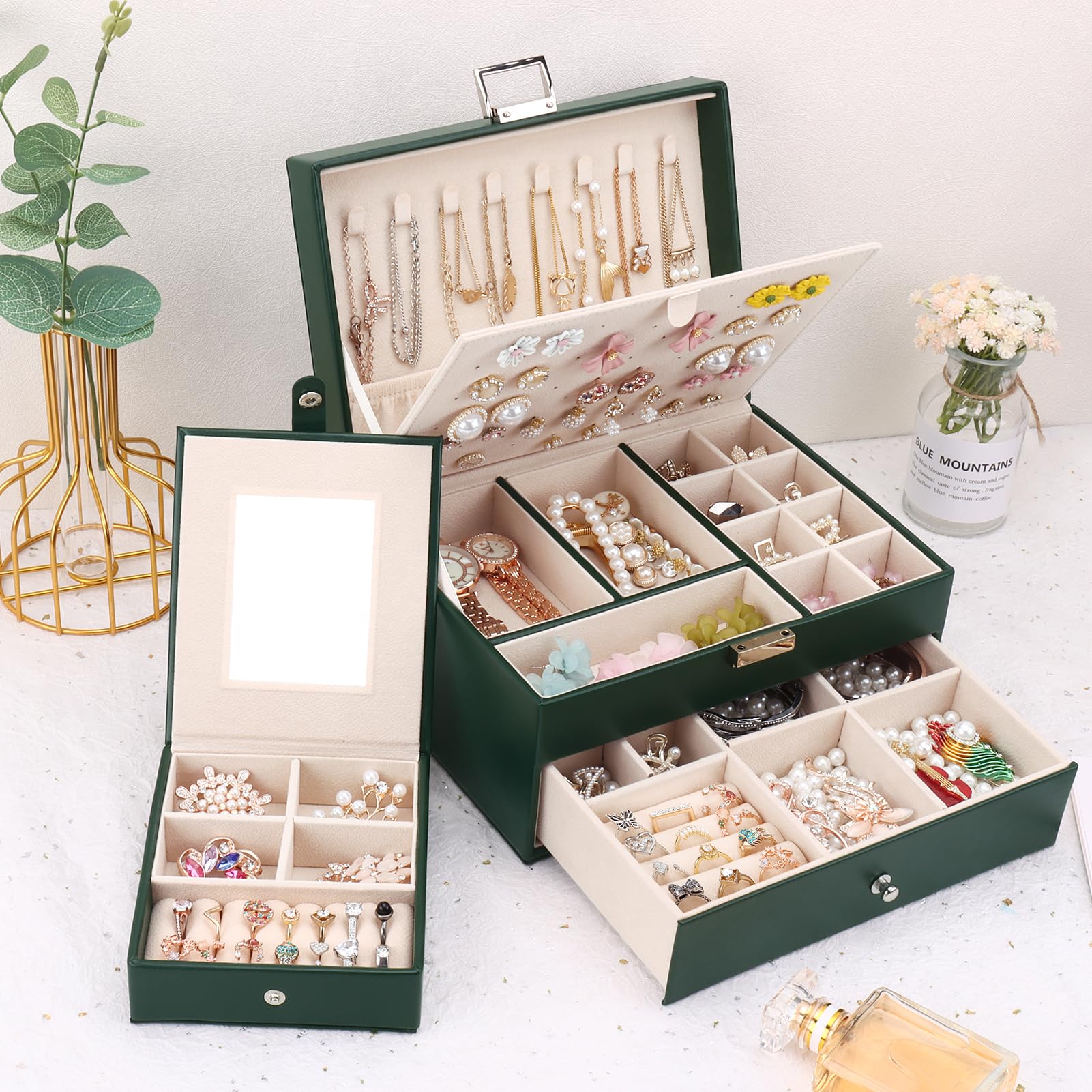 Schmuckkästchen mit 2 Ebenen mit Schubladen, Groß PU Leder Schmuckbox mit tragbarem Reise Schmuckkasten, Schmuckschatulle Damen Mädchen für Ringe, Ohrringe, Armbänder, Halsketten, Dunkelgrün