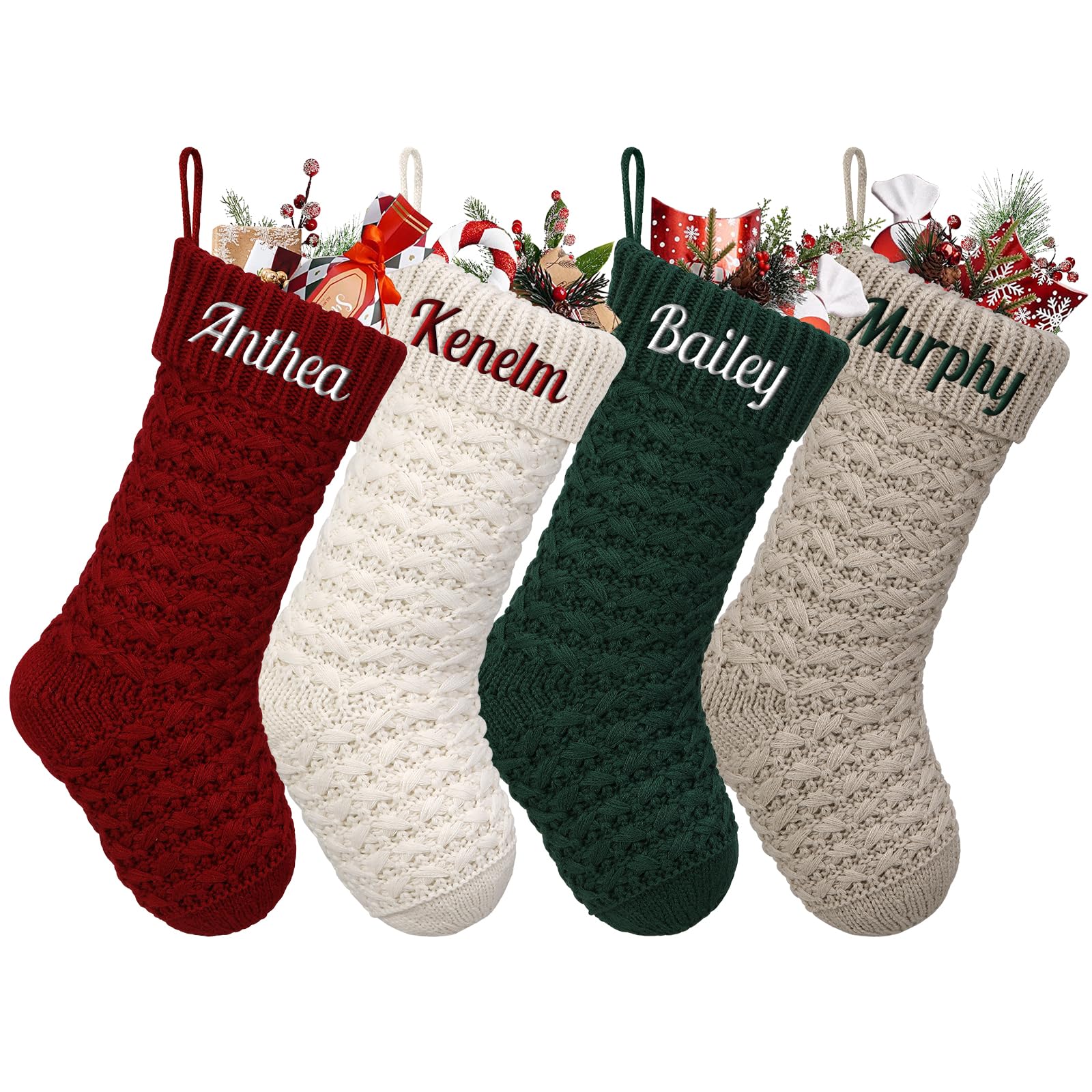 Personalised Christmas Stockings Custom Name Family Christmas Stockings 18” Large Knit Knitted Xmas Stocking for Kids, Rustic Farmhouse Fireplace Hanging Ornament Christmas Holiday Party Decoration