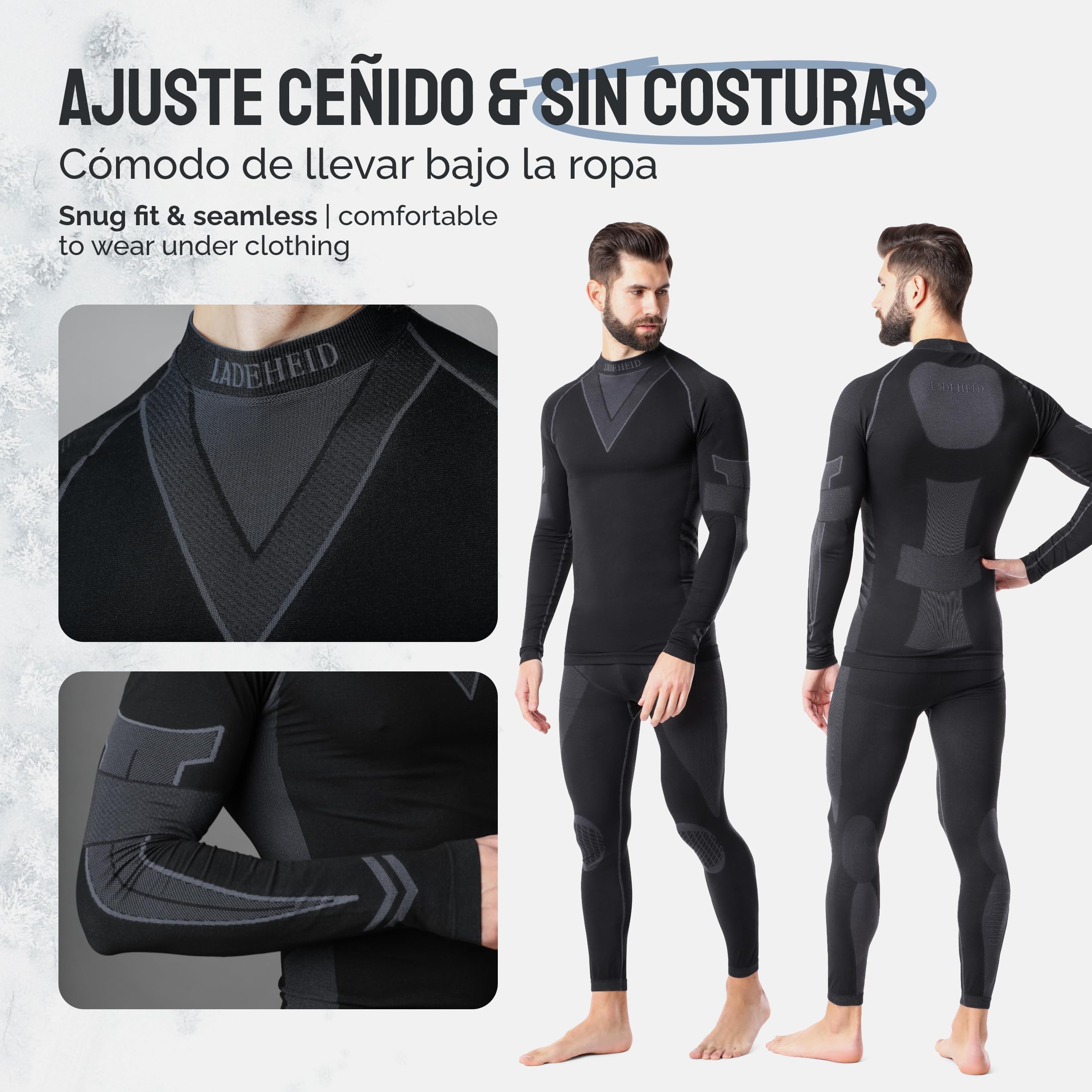 Ladeheid Conjunto Térmico Hombre – Ropa Interior Térmica con Camiseta Manga Larga y Pantalón Termico Hombre Running – Transpirable, Secado Rápido, para Deporte y Frio LAGI003