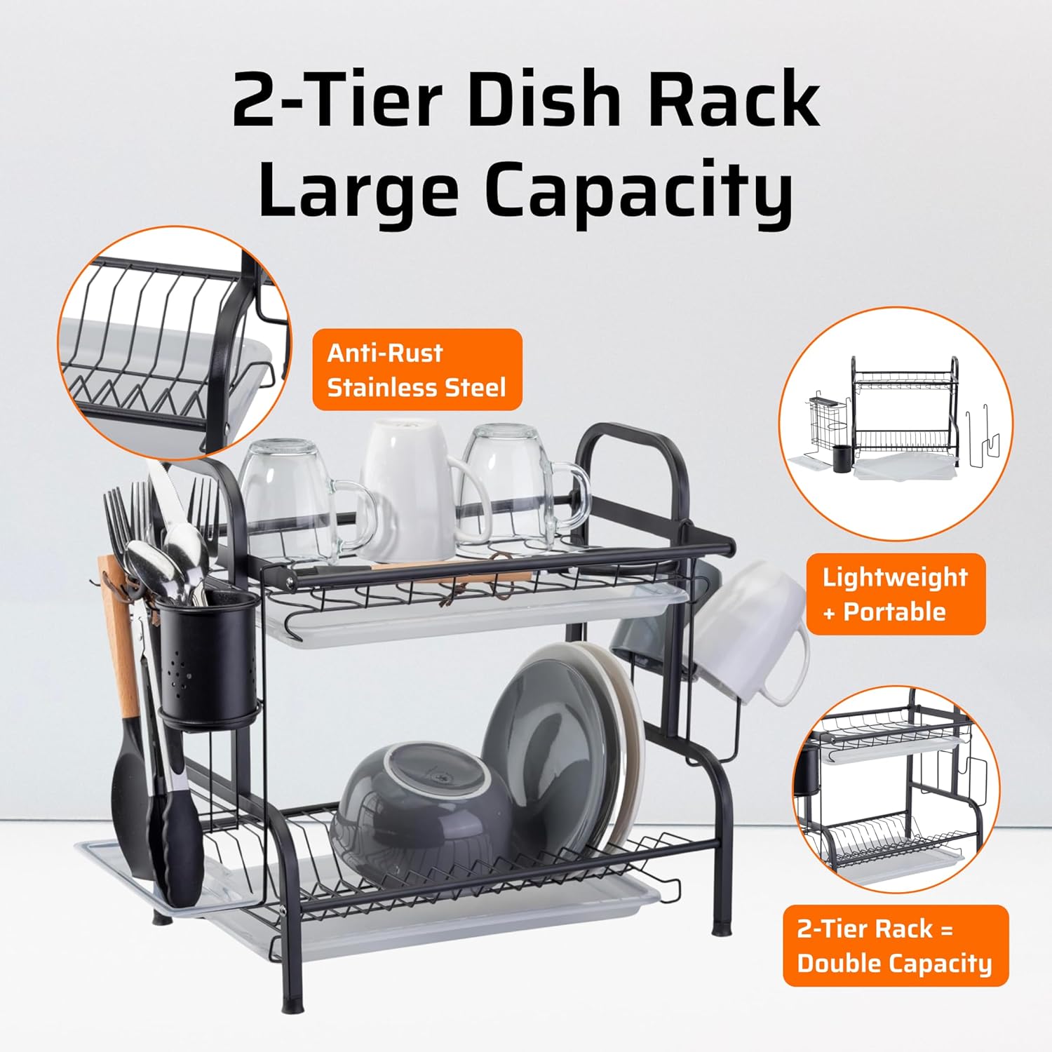 Farenheit Stainless Steel 2-Tier Side Sink Dish Drying Rack for Kitchen Counter, Space Saving Multipurpose Dish Rack with Utensil Holder, Sink Caddy, Cutting Board & Cutlery Basket-Black, FT01H