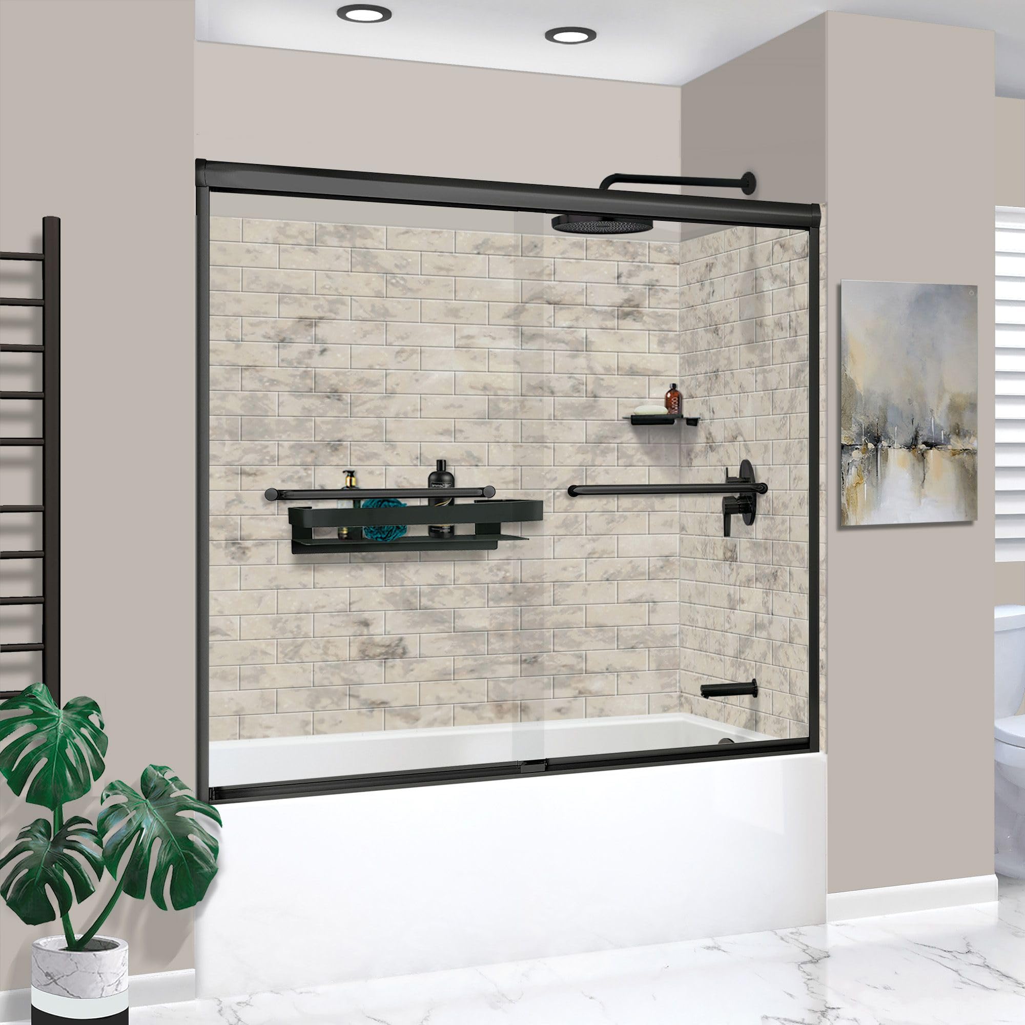 Transolid KTAFS603660R-49MB 60-in x 36-in x 80-in 7-Piece Glue-on Saramar Shower/Tub Kit with Door Faucet and Accessories, Sand Creme/Matte Black