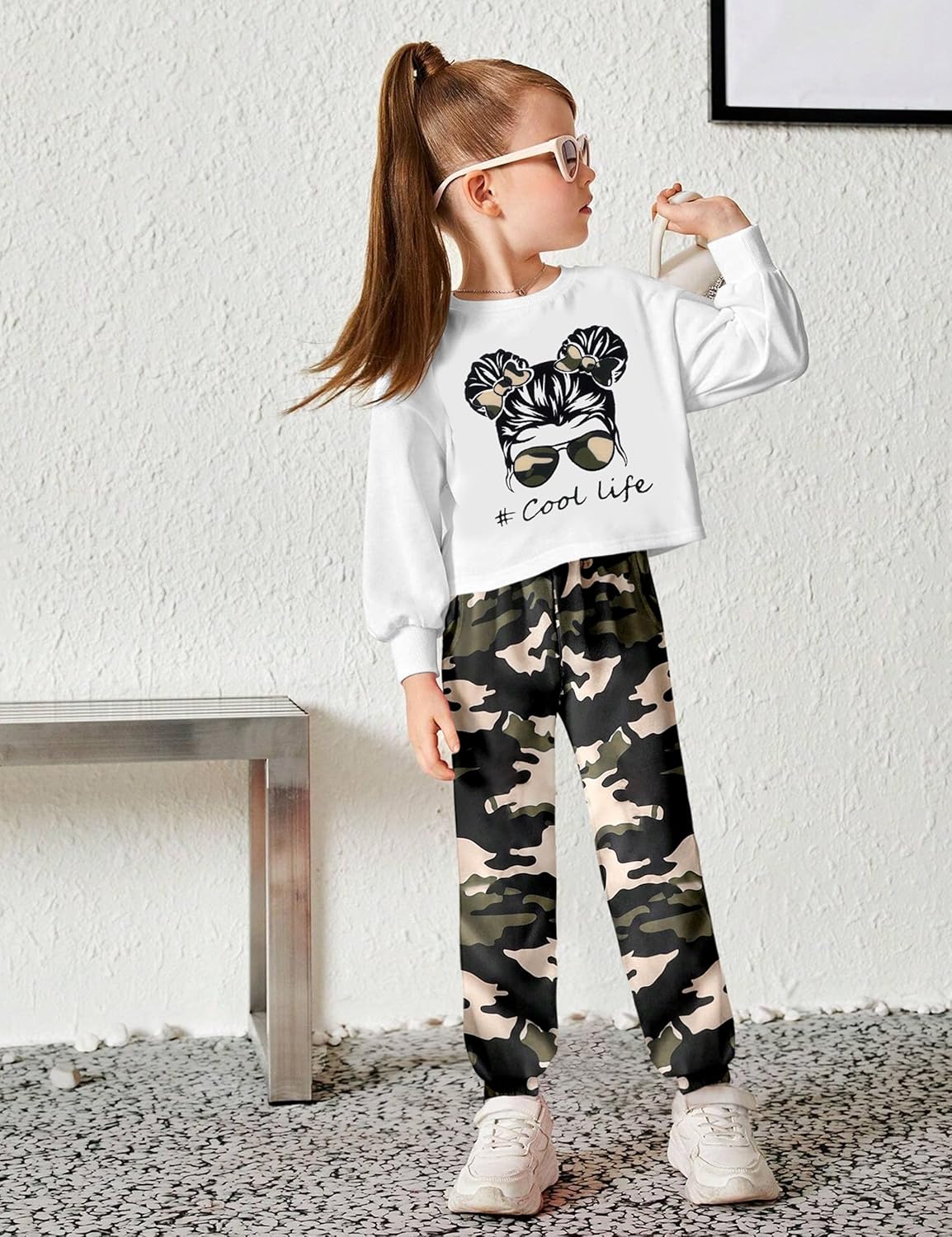 CRISONE Girl Outfits Long Sleeve Printed Crop Tops + Camouflage Pants 2pcs Fall Winter Clothes Set - Image 2