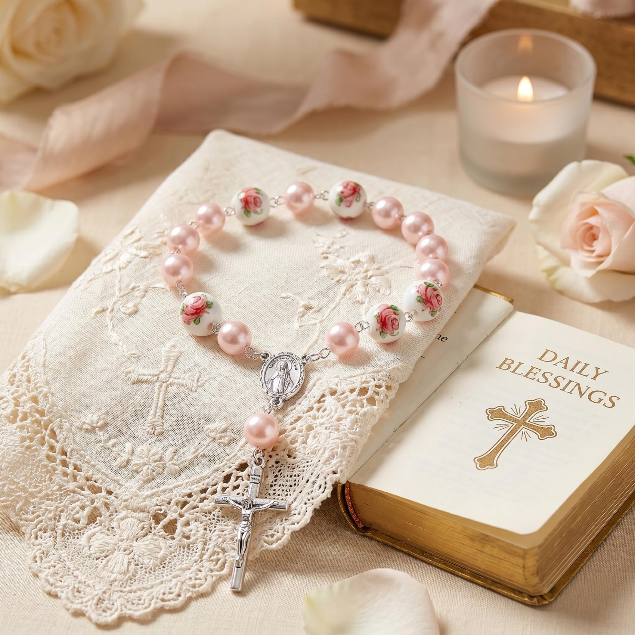 Mini chapelet, 50 pièces chapelet de baptême faveurs bracelets de perles fleurs en céramique avec pendentif croix pour baptême mariages première communion, 2, 2 pouces