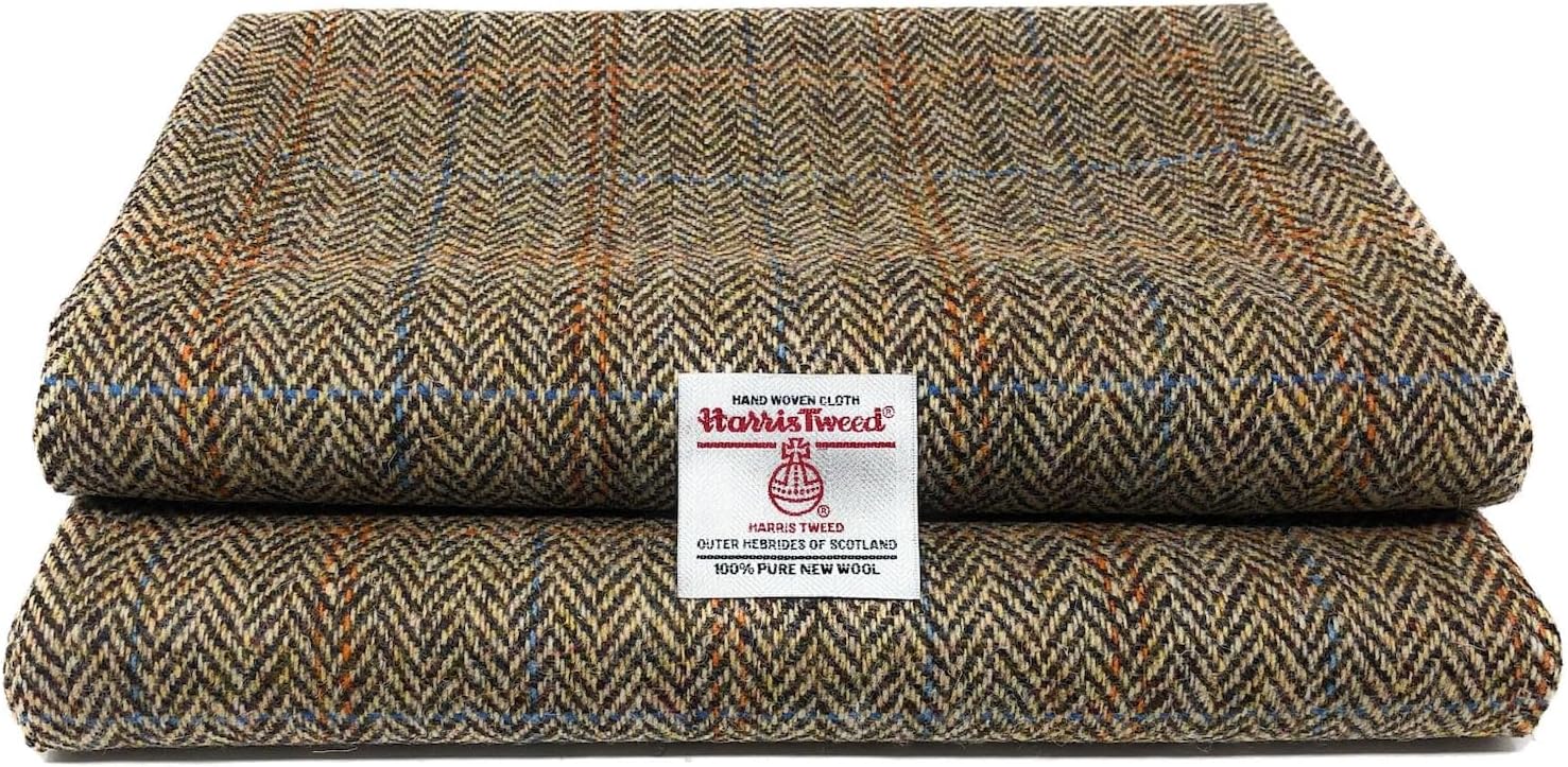 Traditional Brown Herringbone Harris Tweed Pure Wool Woven Fabric with Authenticity Labels (50 x 30cm)
