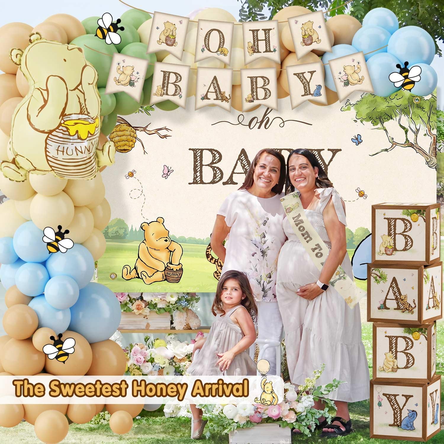 Classic Winnie Bear Baby Shower Decorations, Neutral All-In-One Pooh Baby Shower Balloon Arch Baby Boxes Backdrop Banner Tablecloth Cake Cupcake Topper Bee Stickers Mom To Be Sash Kit for Boys Girls