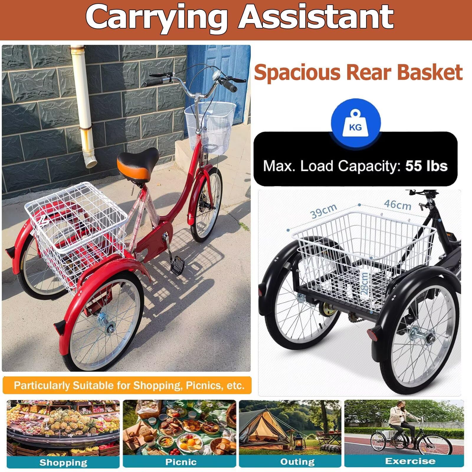 Bicicletta a tre ruote Trike for adulti a tre ruote, cestello da carico con freno a campana 18 pollici, telaio in acciaio al carbonio nero rosso(Red)
