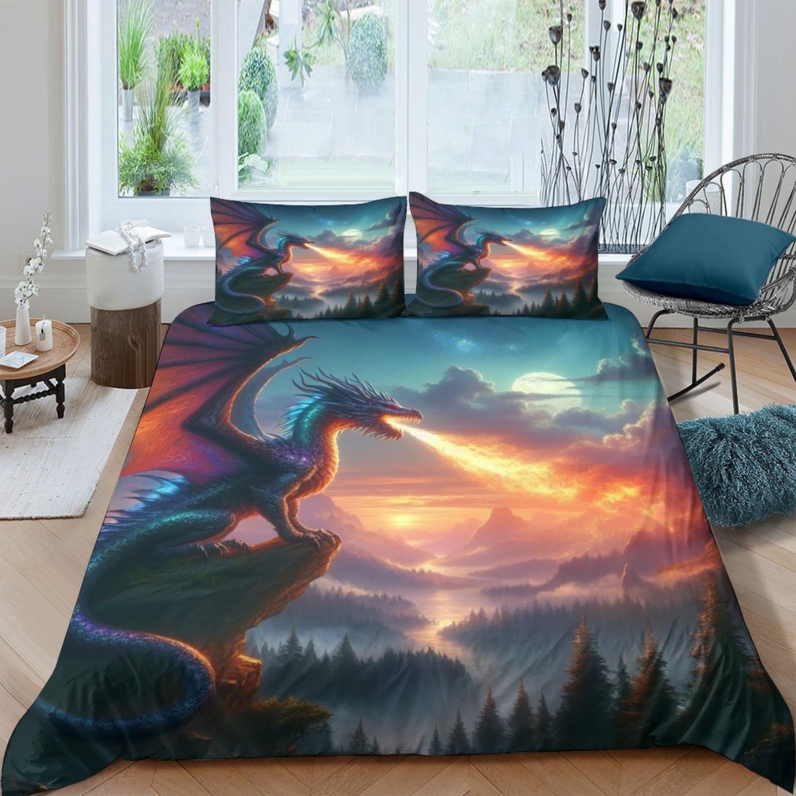 TNFHSOFT Fire Dragon Duvet Cover Microfiber Bedding Set, 3D Print Quilt Cover With Pillowcases, 3 Pieces With Zipper Closure, Winter Soft Comforter Cover Double（200x200cm）