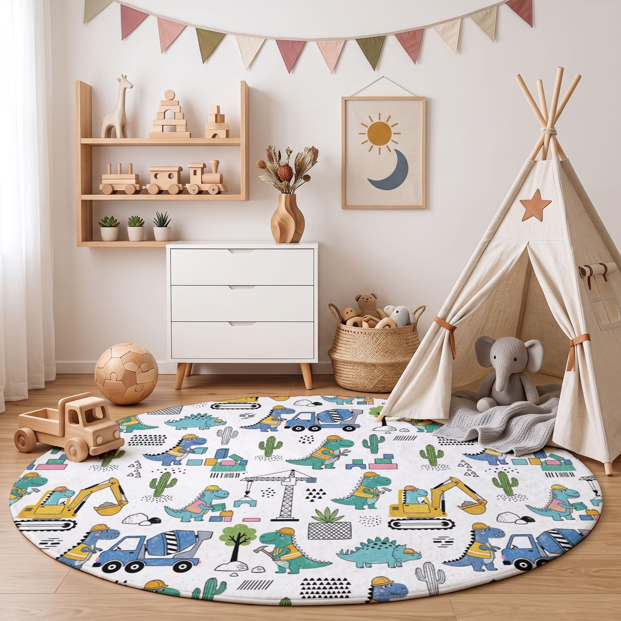 Tappeto Rotondo Bambini Dinosauro Cartoni Animati Tappeto a Pelo Corto Veicolo Ingegneristico Tyrannosaurus Rex Antiscivolo, Lavabile per Salotto, Cameretta dei Bambini, Dimensione: 120cm, Blu-Verde