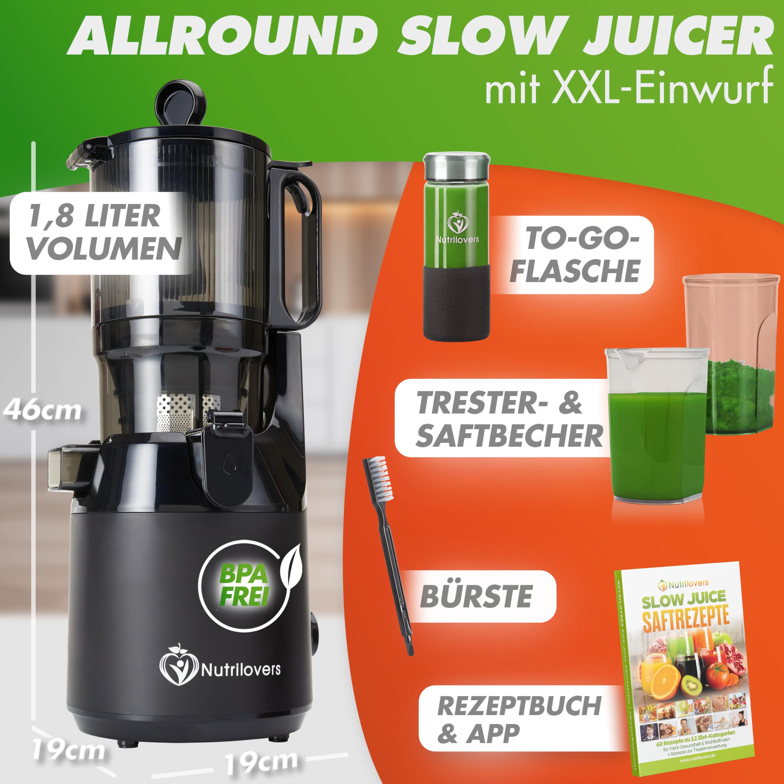 Nutrilovers Slow Juicer NUTRI-PRESS MAX Ganze Früchte entsaften Entsafter mit XXL 135 mm Öffnung, BPA-frei inkl. Saft-Flasche, Slow Juice Rezeptbuch