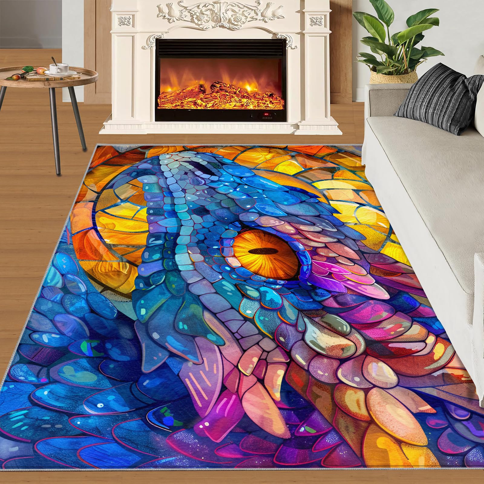 SANSJI Glass Colored Dragon Area Rug 200x290 cm - Non Slip Washable Fantasy Dragon Rugs for Living Room, Magic Animal Design Indoor Carpet for Boys, Soft & Resistant Floor Decor